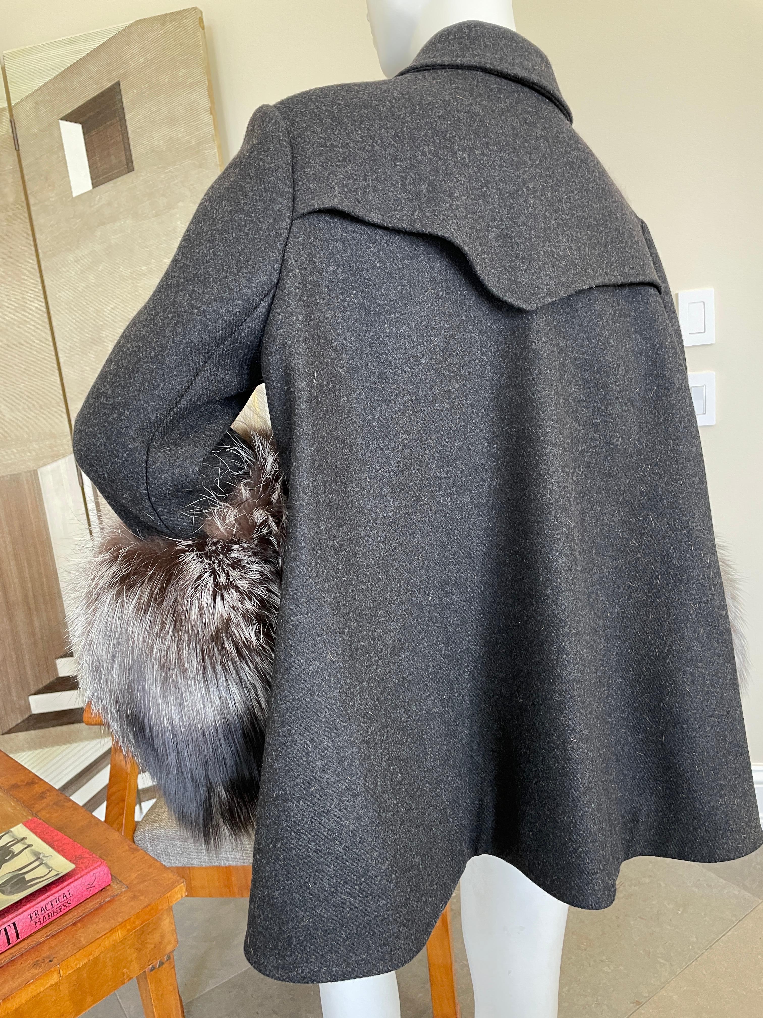 Christian Dior by Gianfranco Ferre Gray Peacoat with Fox Fur Cuffs For Sale 2