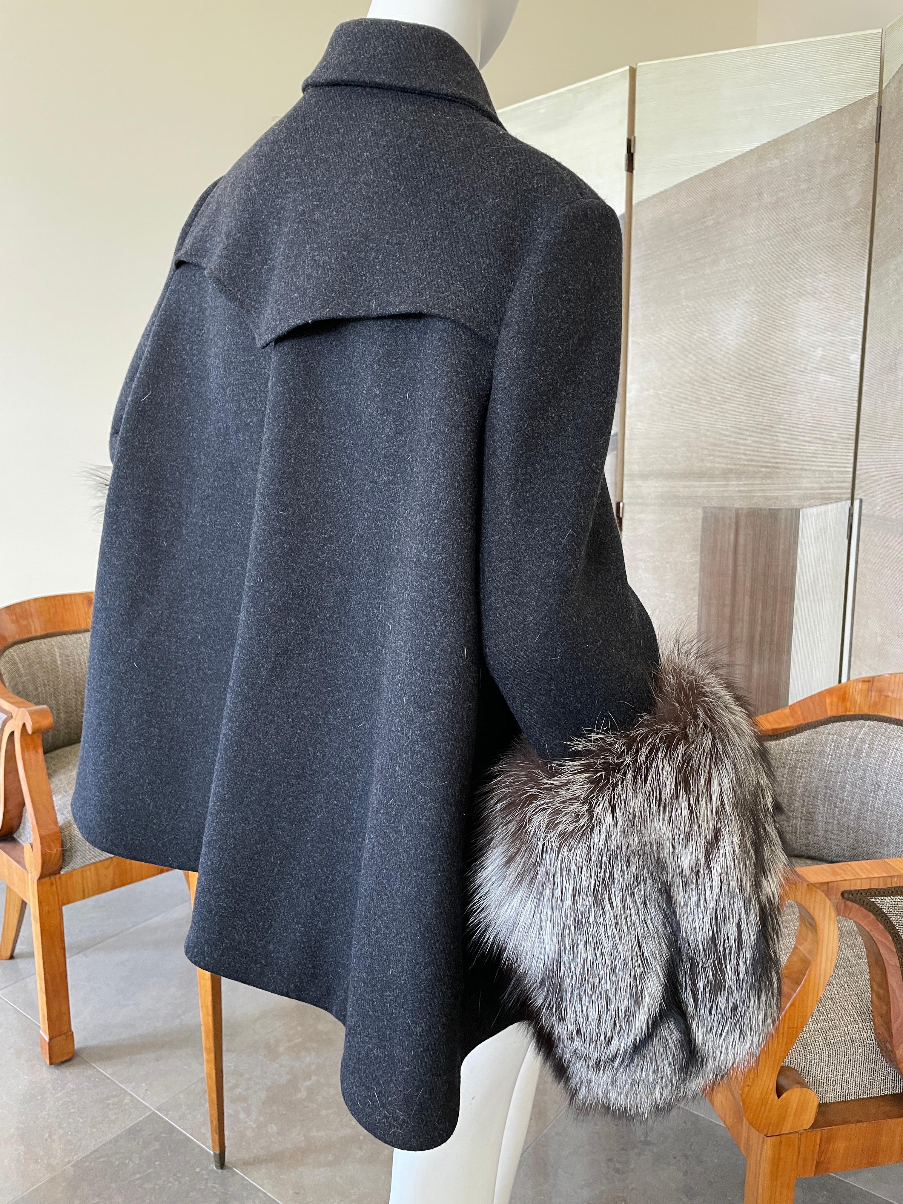 Christian Dior by Gianfranco Ferre Gray Peacoat with Fox Fur Cuffs For Sale 3