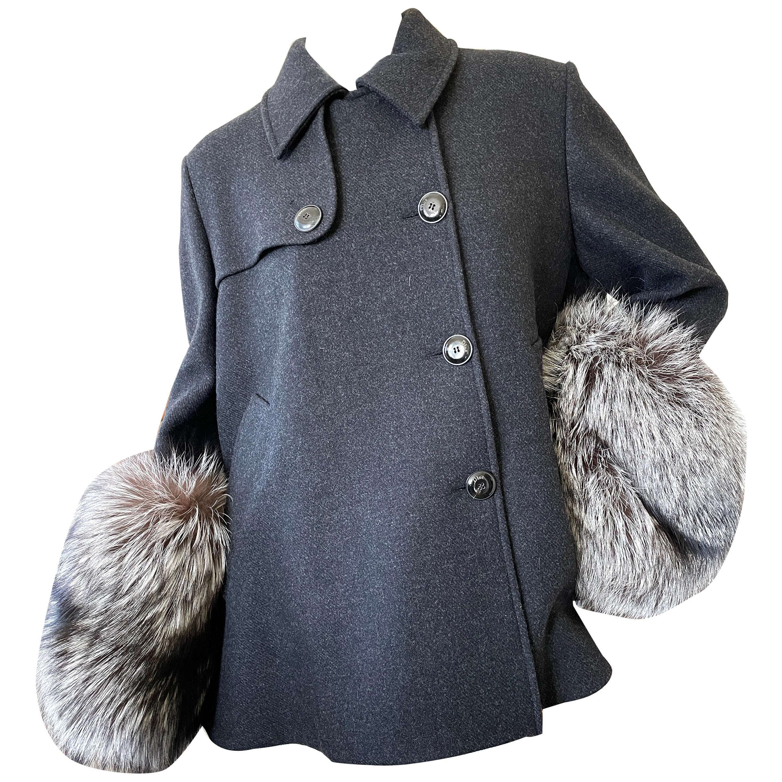 Christian Dior by Gianfranco Ferre Gray Peacoat with Fox Fur Cuffs For Sale