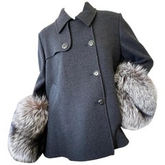 Christian Dior by Gianfranco Ferre Gray Peacoat with Fox Fur Cuffs