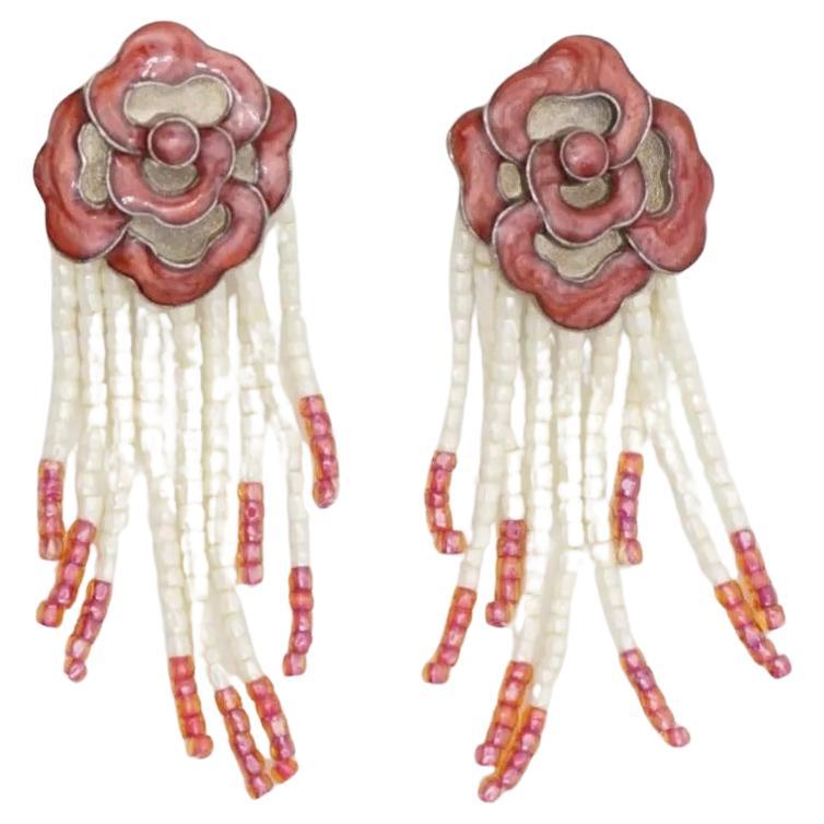 CHRISTIAN DIOR by John Galliano 1997 Burgundy Rose Micro Beads Tassel Earrings in vendita