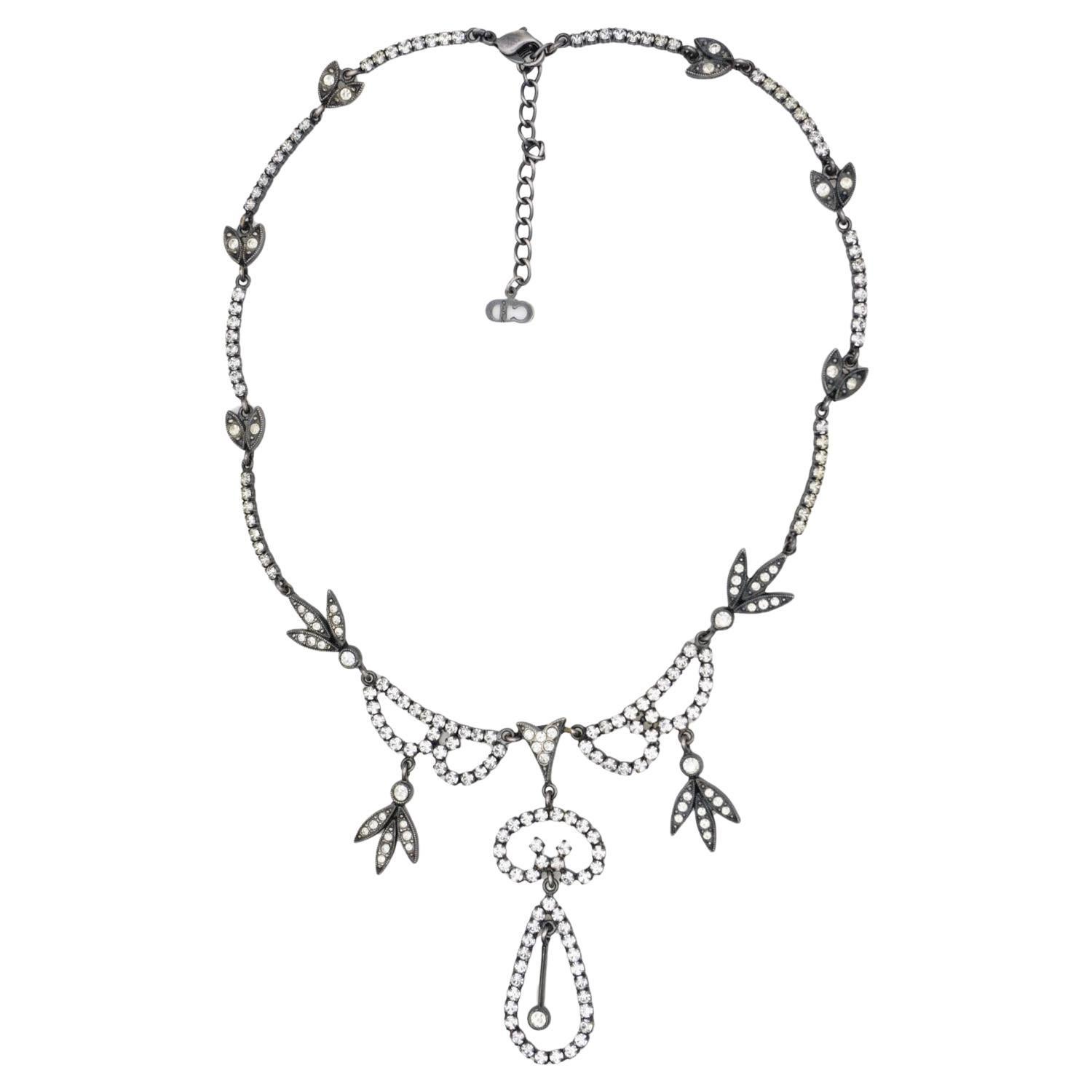 CHRISTIAN DIOR by John Galliano 1997 Fall Sparkling Crystals Leaf Bib Necklace