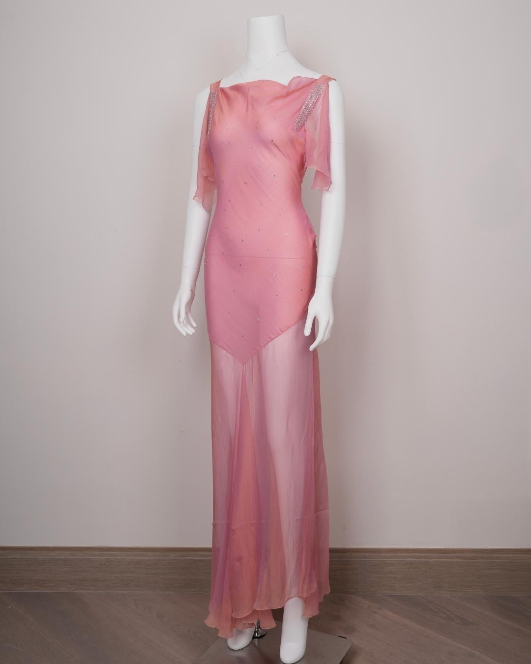 Christian Dior by John Galliano 2000s Rosa & Gold Chiffon Abendkleid Rhinesto (Braun) im Angebot