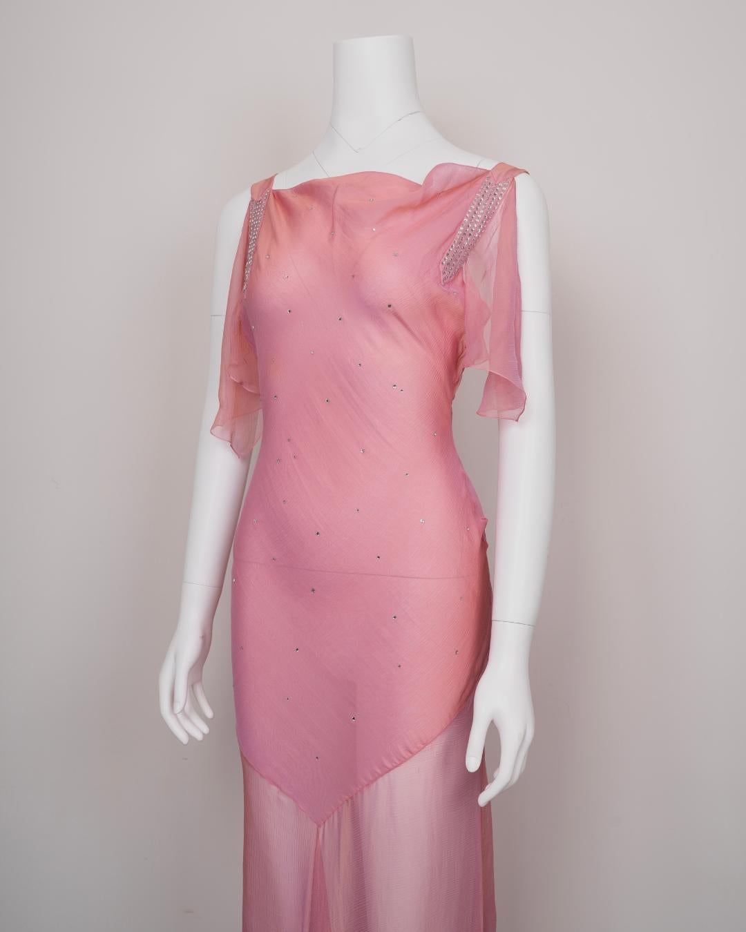 Christian Dior by John Galliano 2000s Rosa & Gold Chiffon Abendkleid Rhinesto im Zustand „Hervorragend“ im Angebot in Hong Kong, HK