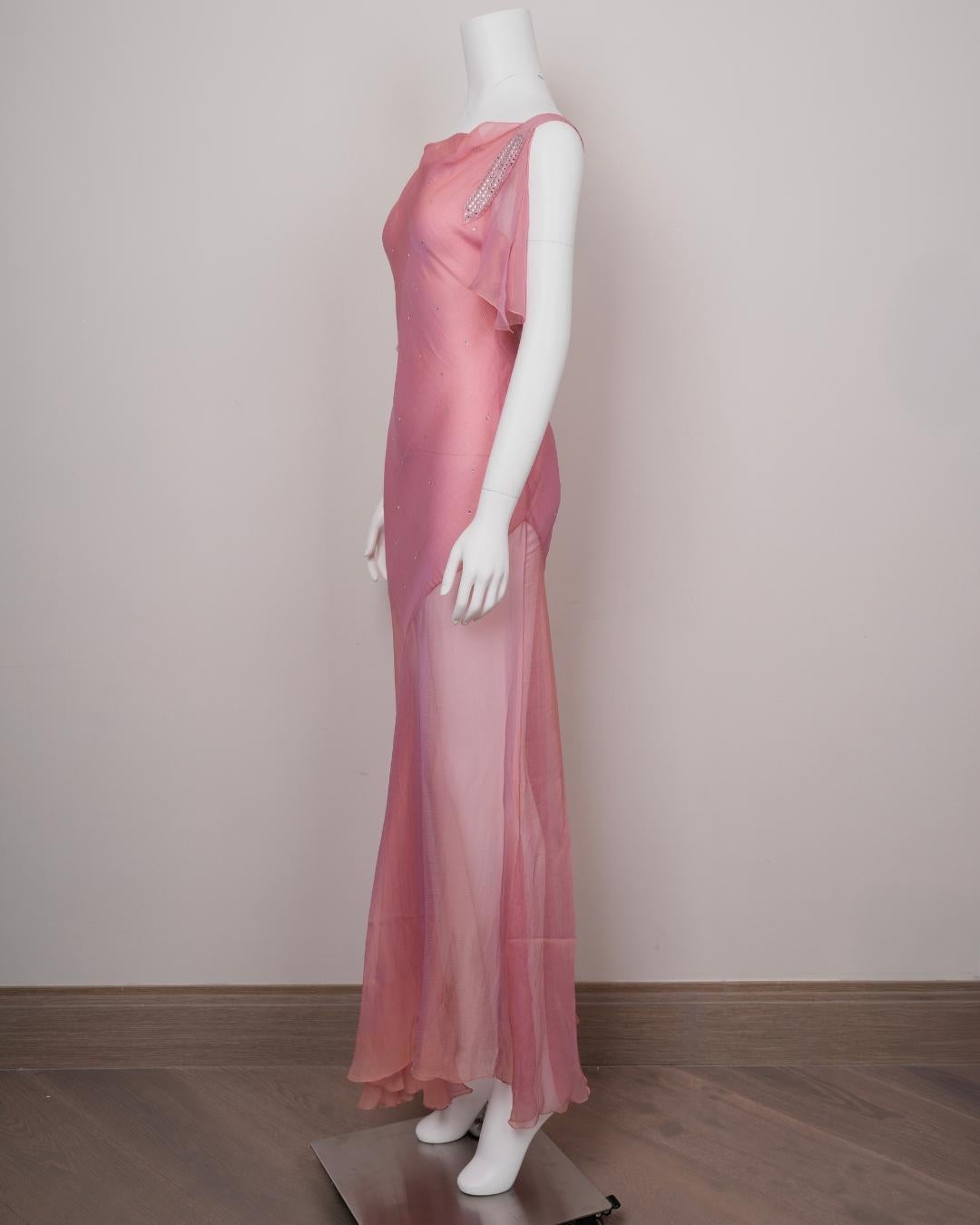 Christian Dior by John Galliano 2000s Rosa & Gold Chiffon Abendkleid Rhinesto Damen im Angebot