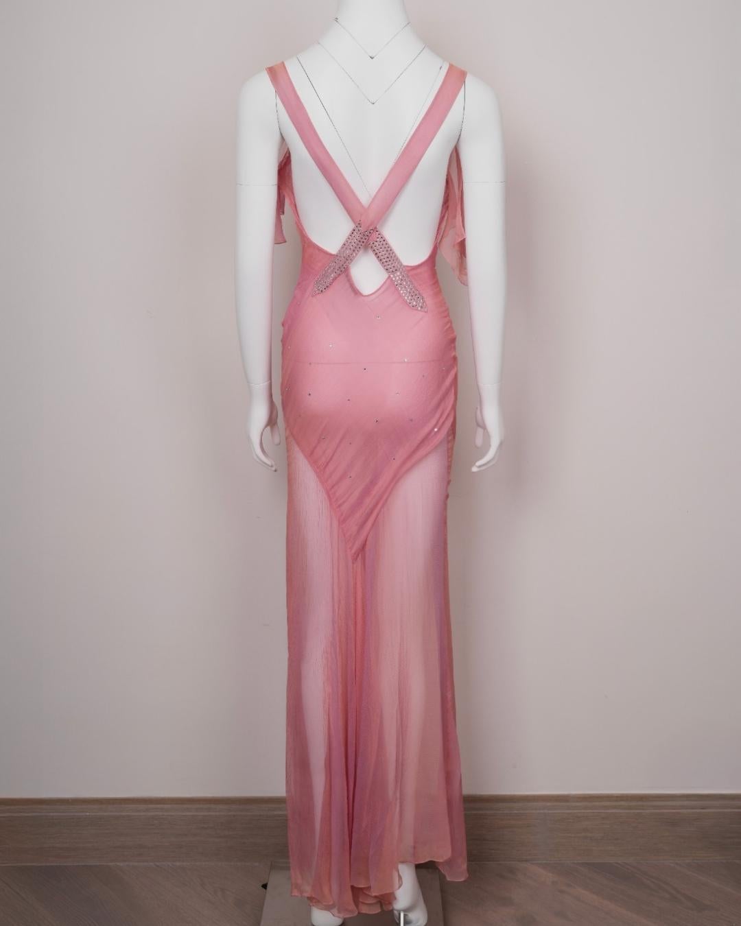 Christian Dior by John Galliano 2000s Rosa & Gold Chiffon Abendkleid Rhinesto im Angebot 1