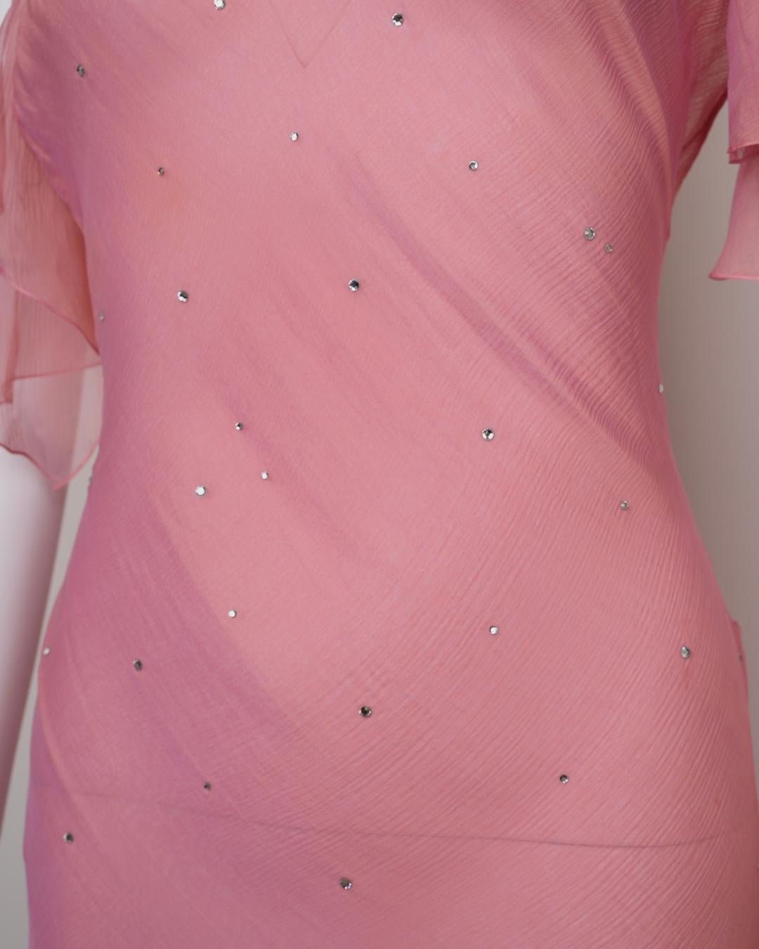 Christian Dior by John Galliano 2000s Rosa & Gold Chiffon Abendkleid Rhinesto im Angebot 2