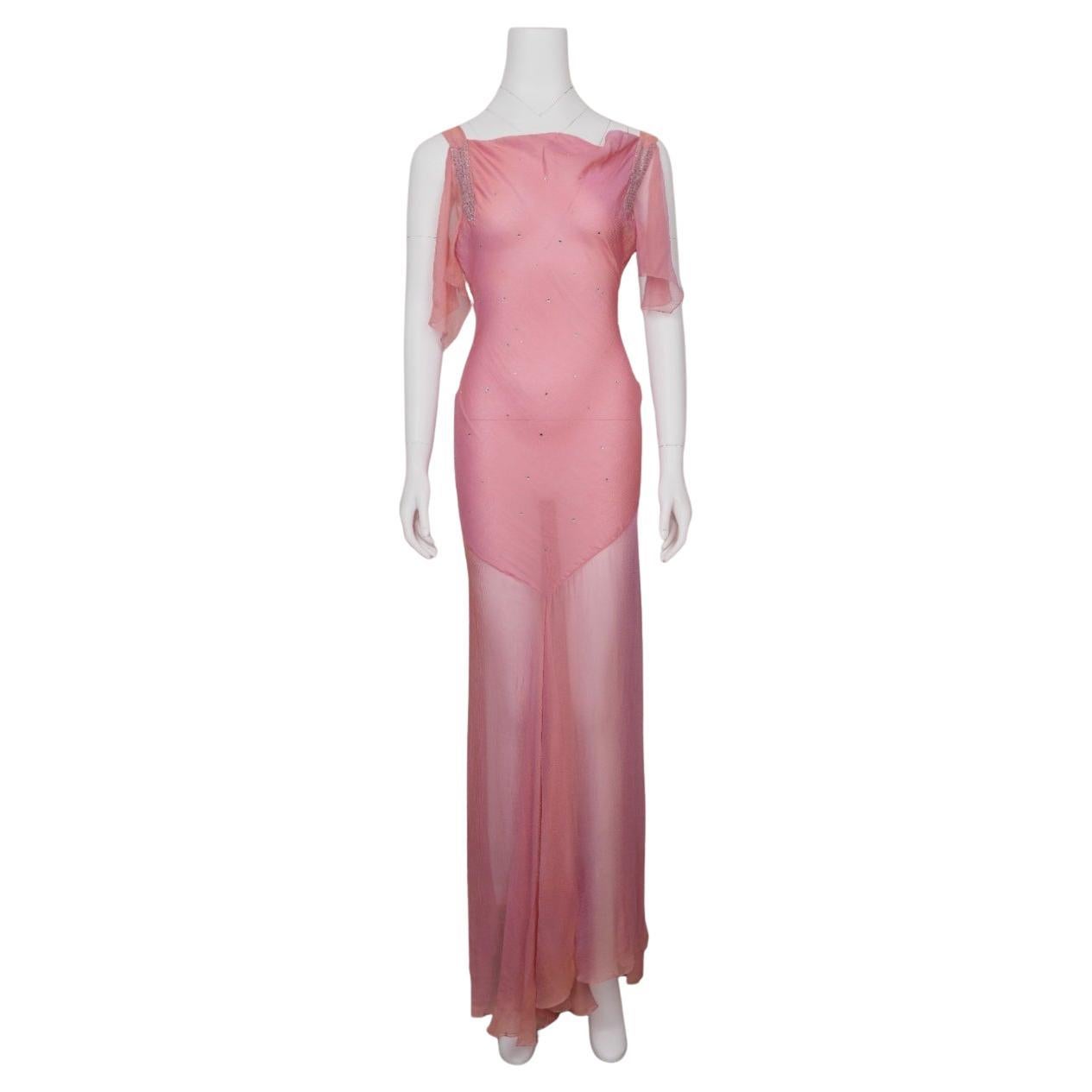 Christian Dior by John Galliano 2000s Rosa & Gold Chiffon Abendkleid Rhinesto