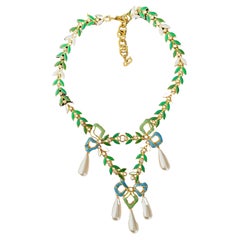 CHRISTIAN DIOR by John Galliano 2001 Green Ribbon Knot Garlands Pearls Necklace