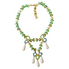 CHRISTIAN DIOR by John Galliano 2001 Green Ribbon Knot Garlands Pearls Necklace