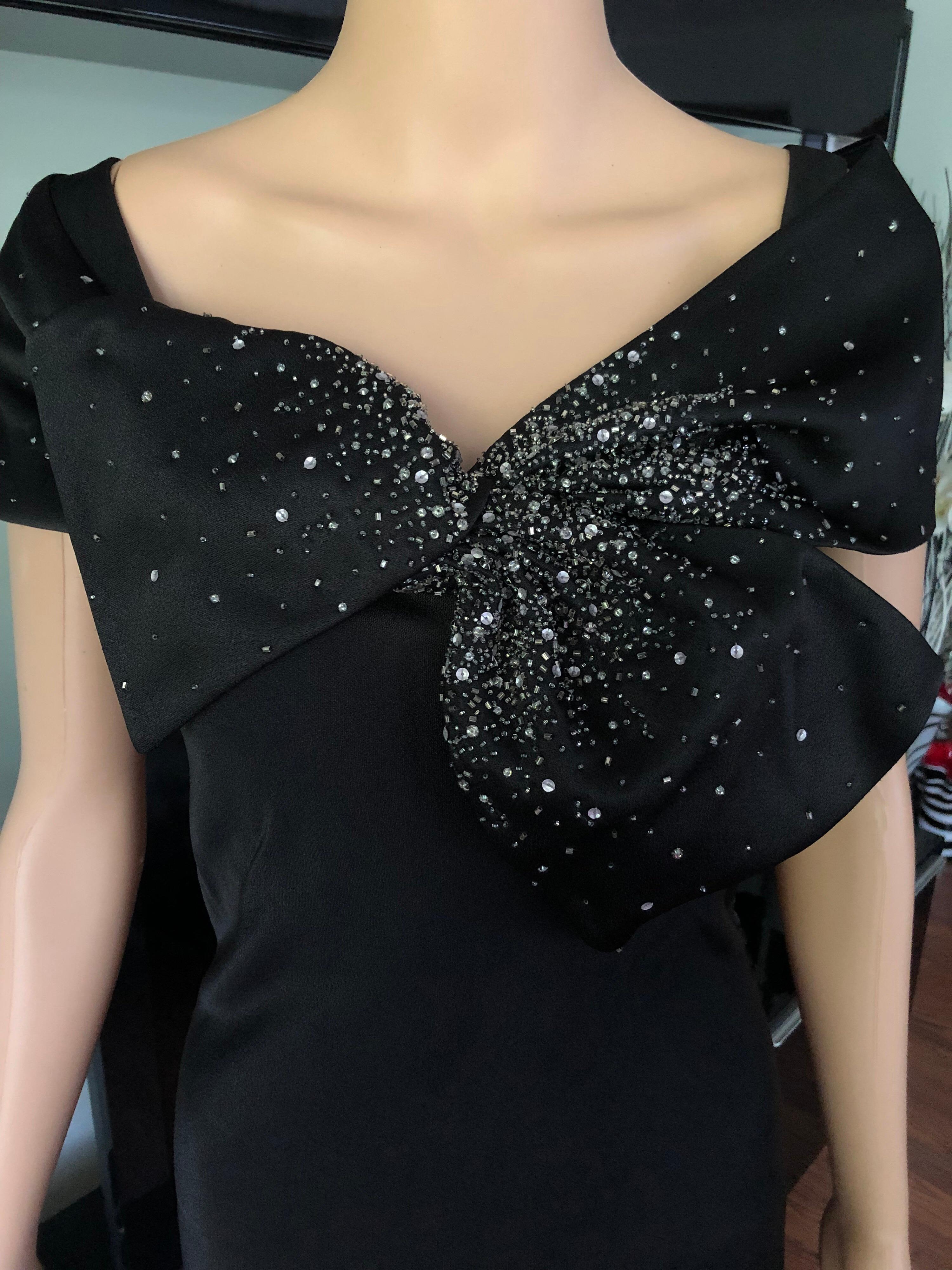 Christian Dior Satin Embellished Black Dress Gown In Excellent Condition In Naples, FL
