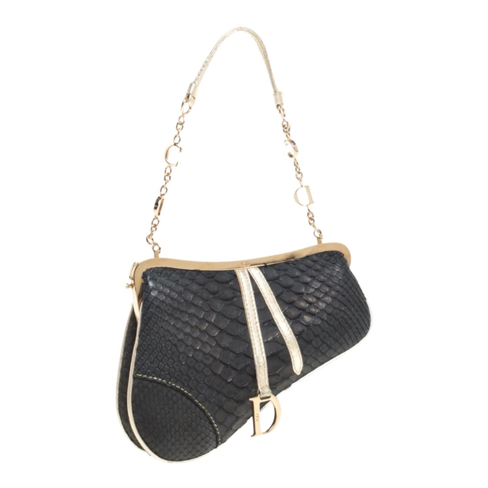 Black Christian Dior by John Galliano 2002 Matte Python Skin Saddle Bag & Mirror