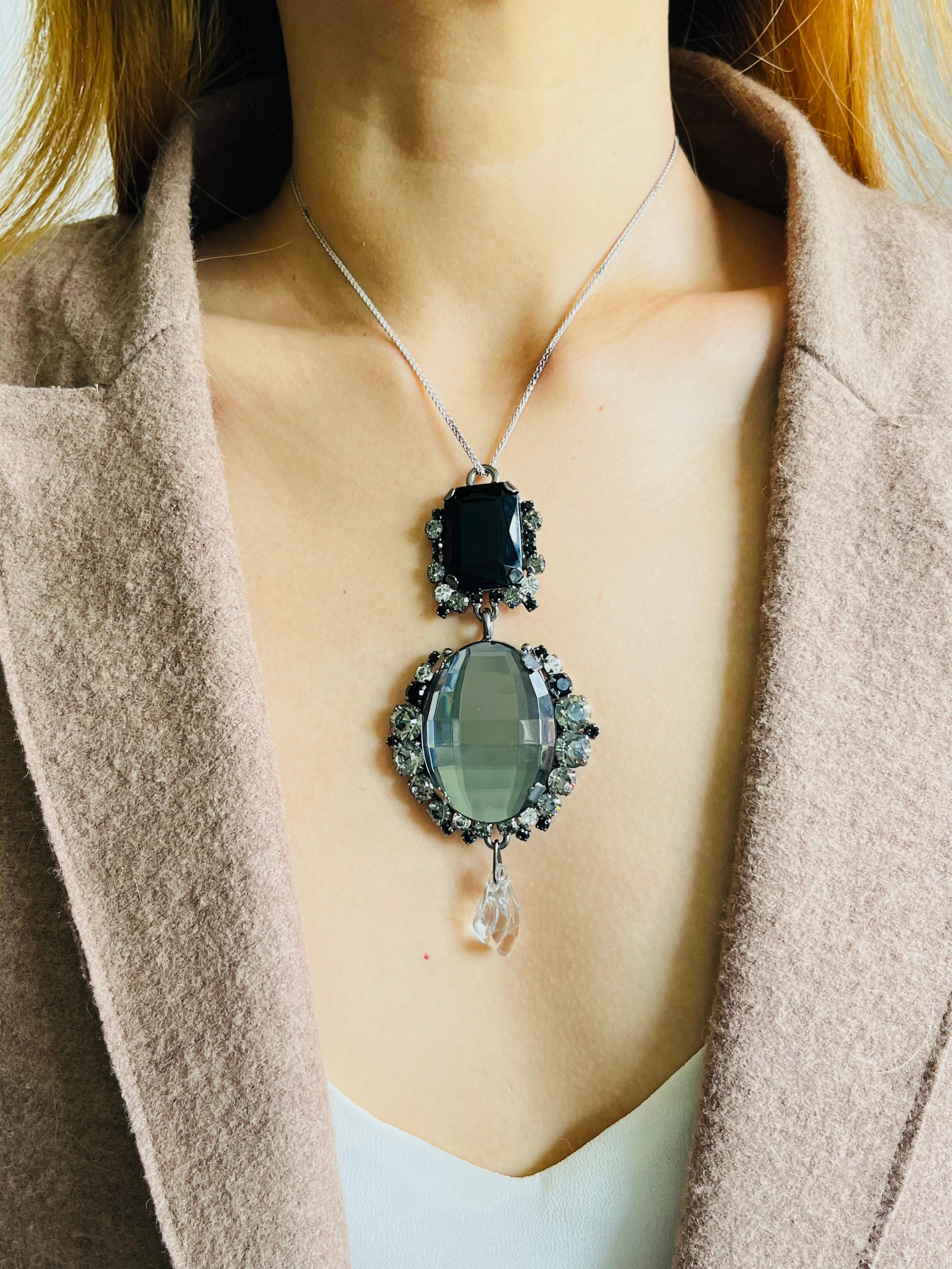 CHRISTIAN DIOR by John Galliano 2007 Large Grey Oval Black Crystal Drop Pendant For Sale 1