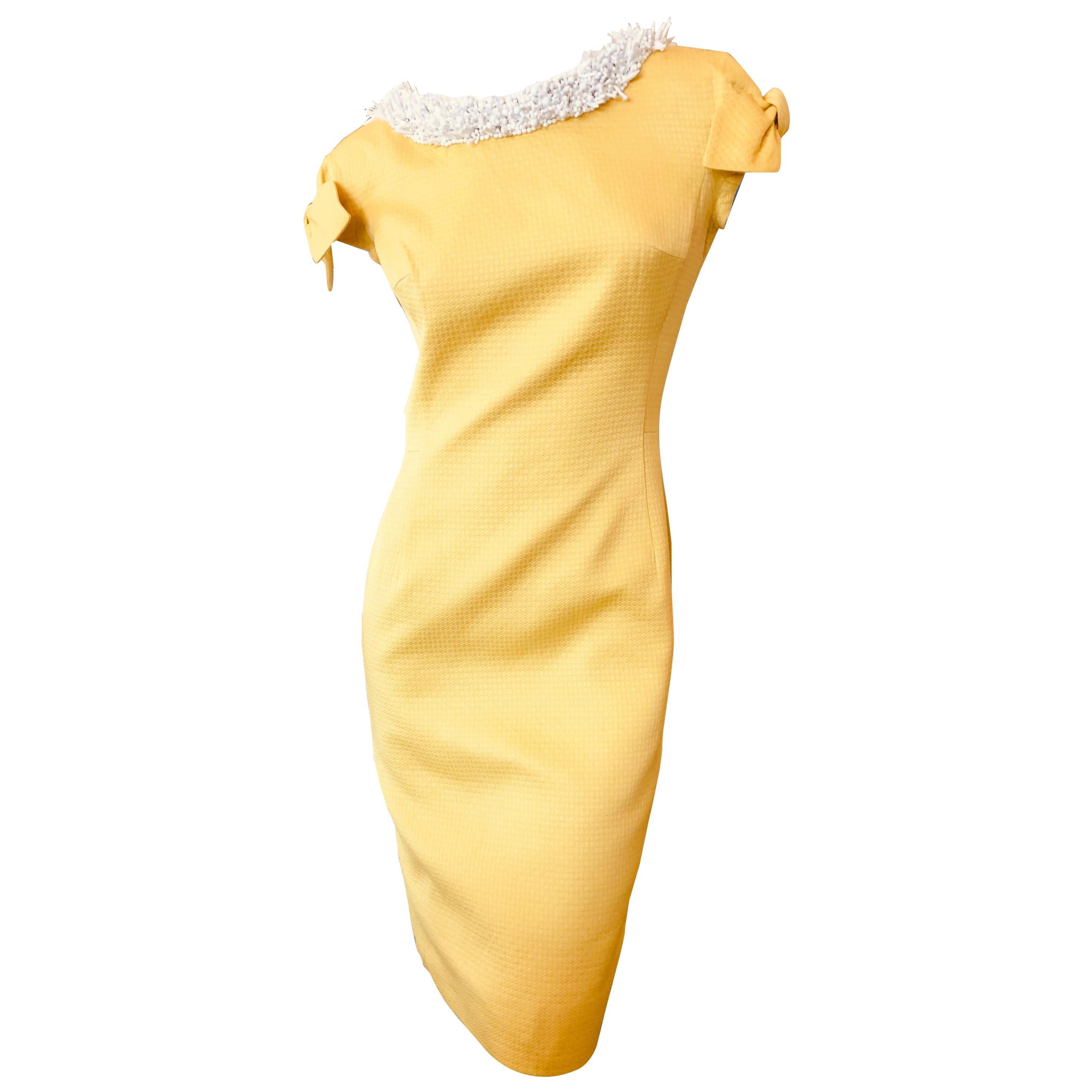 Christian Dior by John Galliano '99 Yellow Day Dress with Bows and Beaded Collar For Sale