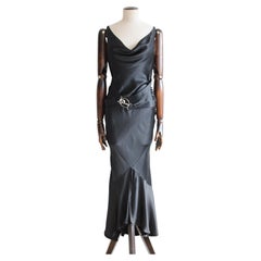 Christian Dior by John Galliano A/W04 Black Bias Silk Satin Gown with Logo Belt