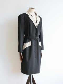 Christian Dior by John Galliano A/W98 Lace Trim Pinstripe Belted Coat Dress