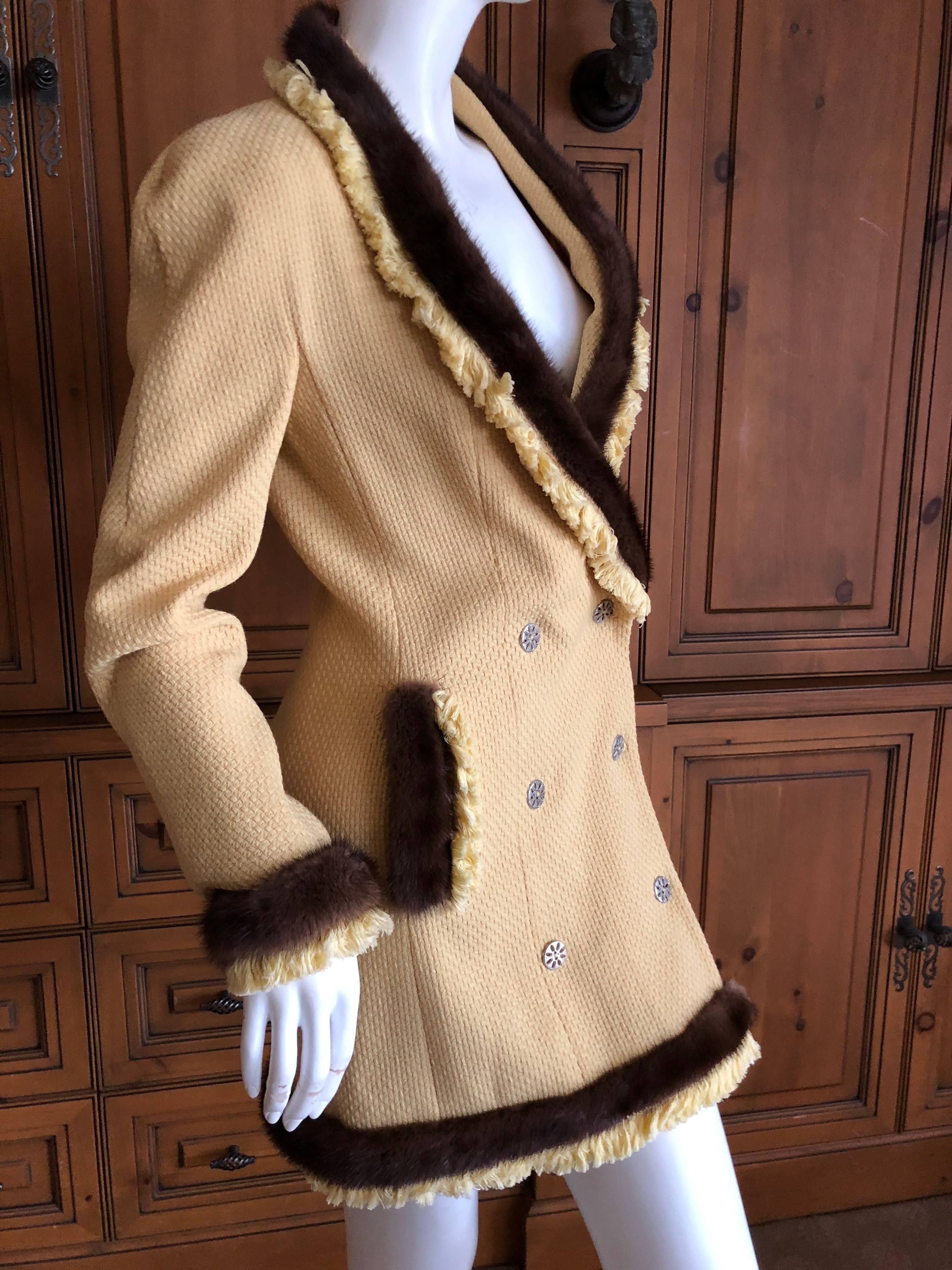 Christian Dior by John Galliano Autumn 1997 Mink Trim Yellow Boucle Coat Dress In Excellent Condition For Sale In Cloverdale, CA
