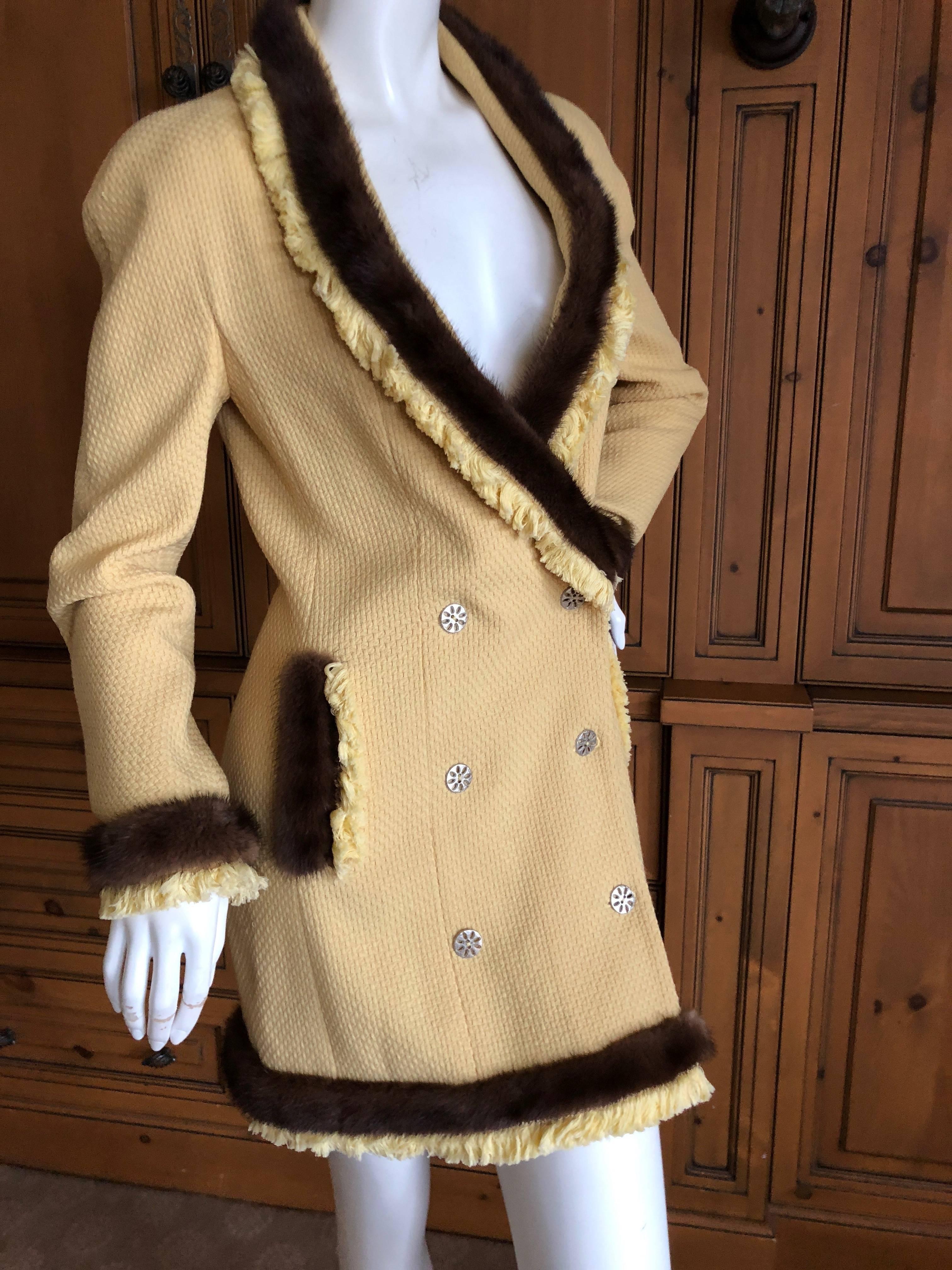 Women's Christian Dior by John Galliano Autumn 1997 Mink Trim Yellow Boucle Coat Dress