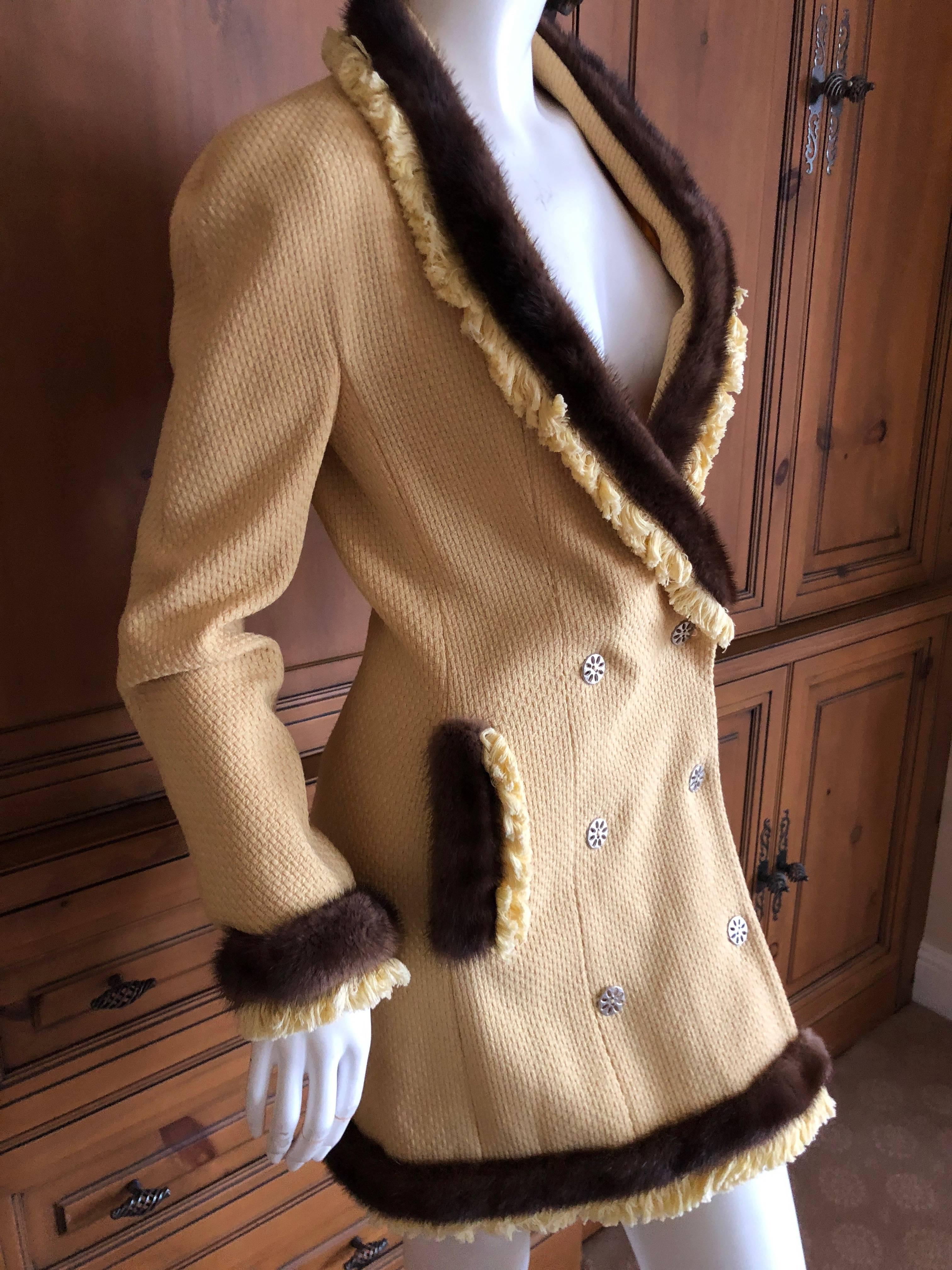 Christian Dior by John Galliano Autumn 1997 Mink Trim Yellow Boucle Coat Dress For Sale 4