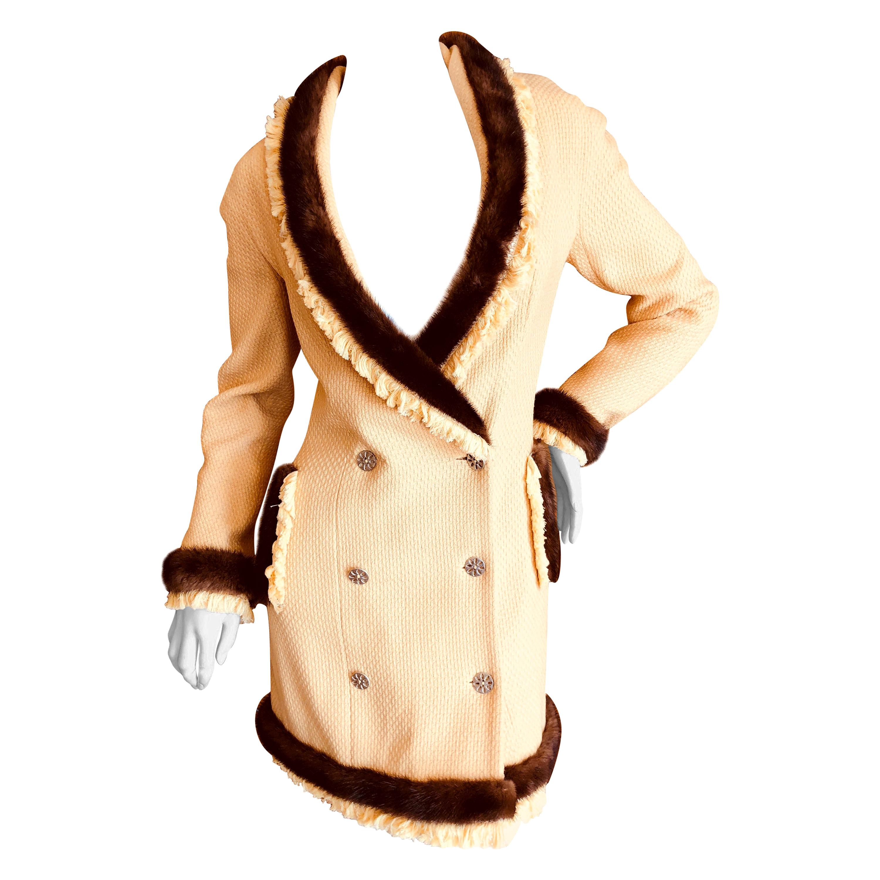 Christian Dior by John Galliano Autumn 1997 Mink Trim Yellow Boucle Coat Dress For Sale