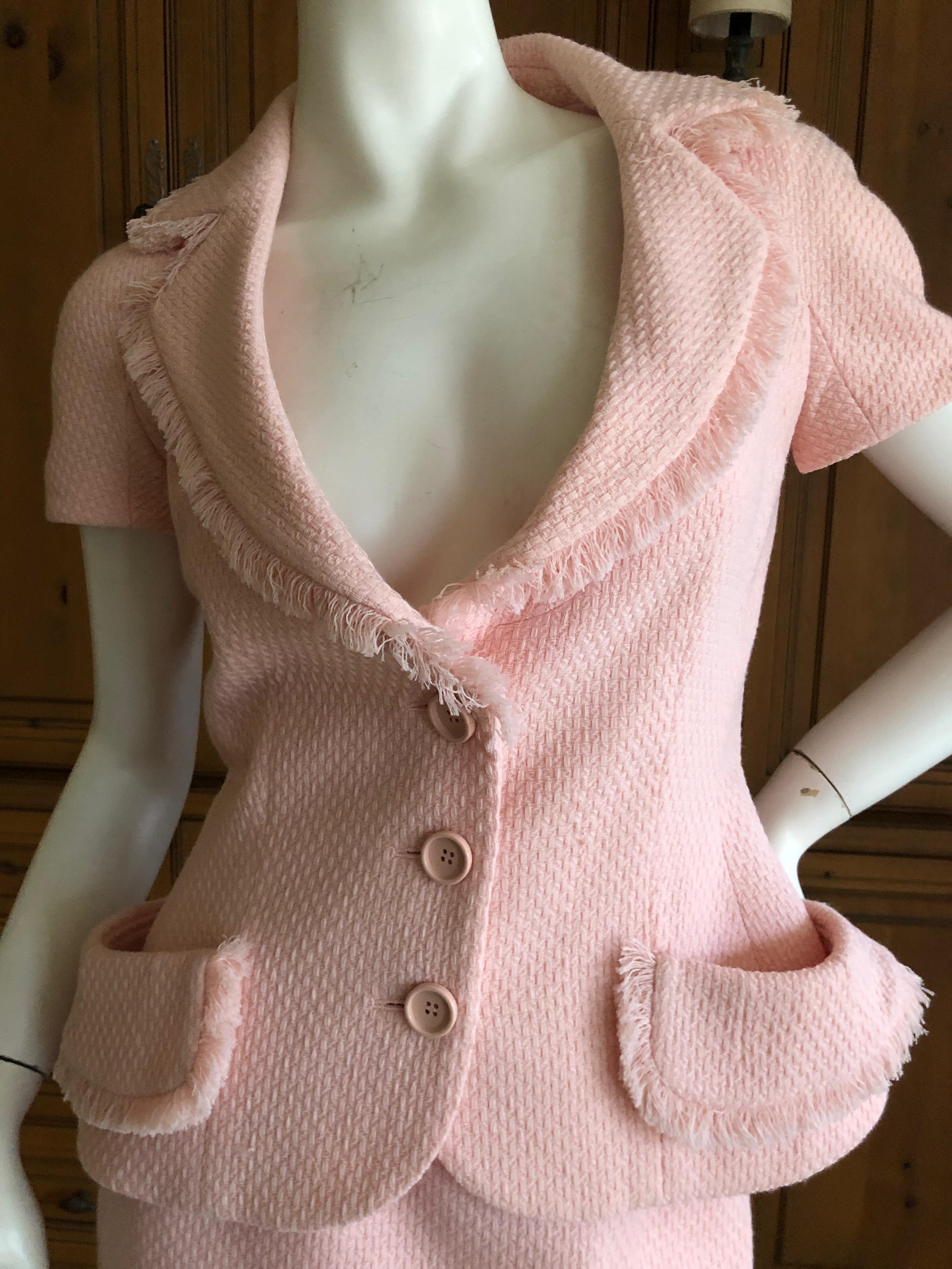 Christian Dior by John Galliano Autumn 1997 Pink Boucle Fringed Skirt Suit In Excellent Condition In Cloverdale, CA
