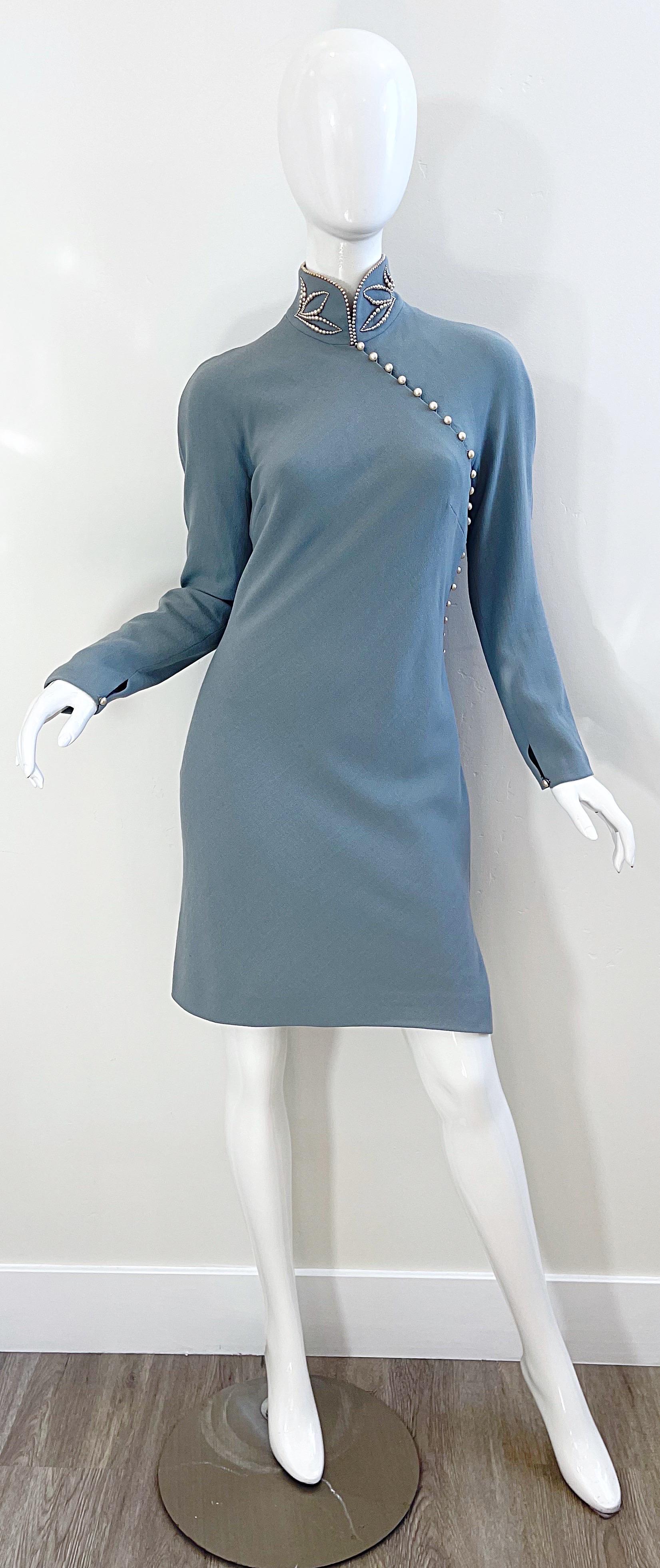 Documented Christian Dior by John Galliano AW 1997 Size 6 Blue Cheongsam Dress In Excellent Condition In San Diego, CA