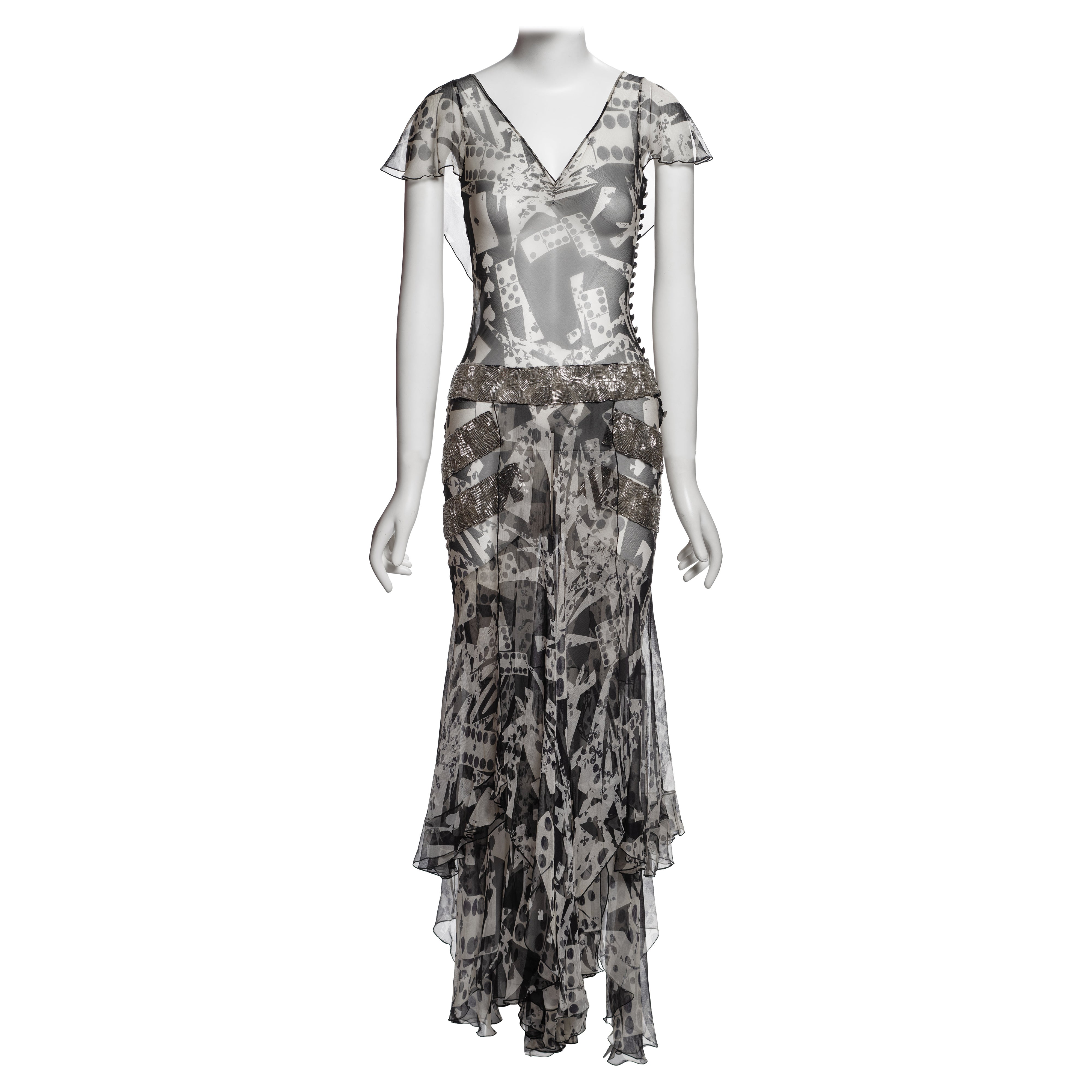 Christian Dior for John Galliano Perlenbesetztes Seidenkleid mit
Spielkarten
-Druck, FW 2001