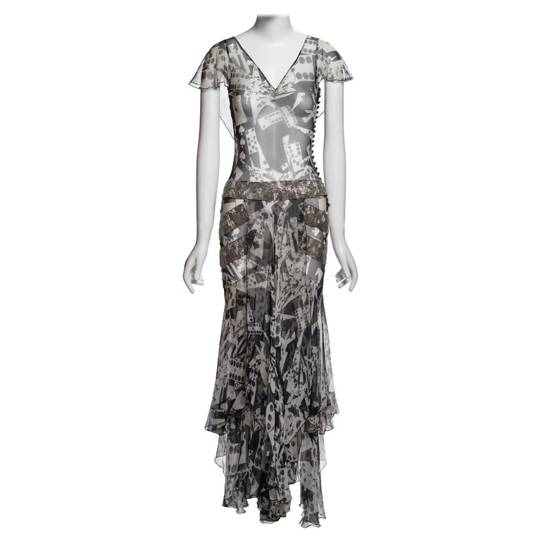 dior beaded dress 2000s Christian Dior by John Galliano Peach Silk Chiffon & Silver Bead Shrimpton Couture