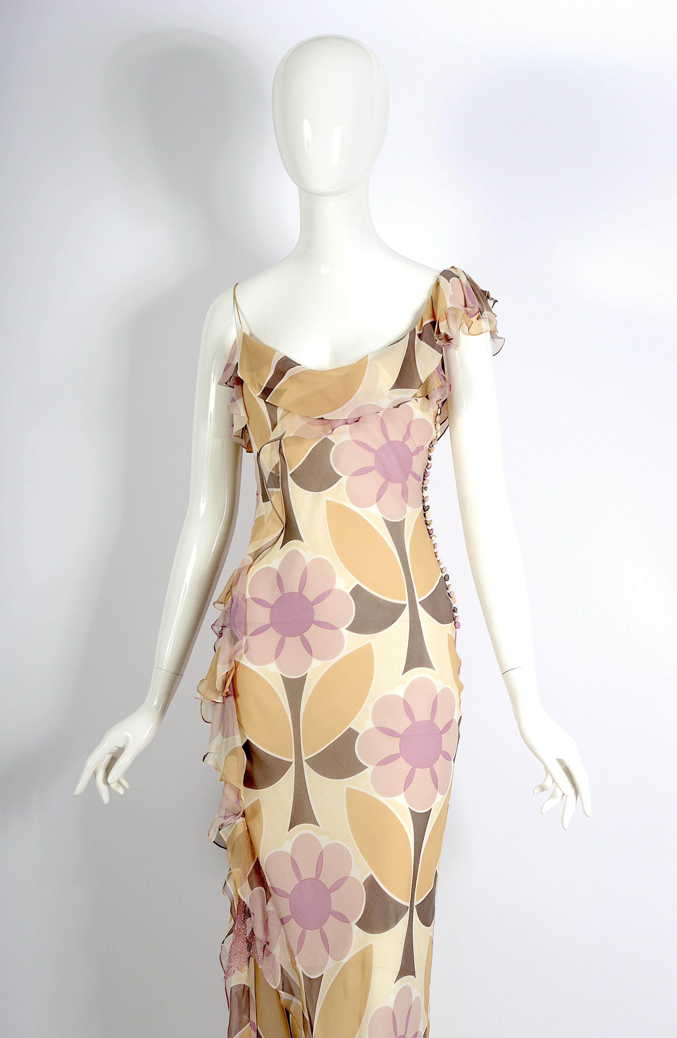Christian Dior by John Galliano Bias Cut Chiffon Flower Print Dress, Spring Summer 2003 Collection

This vintage Christian Dior by John Galliano silk bias cut dress is an absolutely stunning piece. 
On our tall doll, it reaches nearly the floor, so