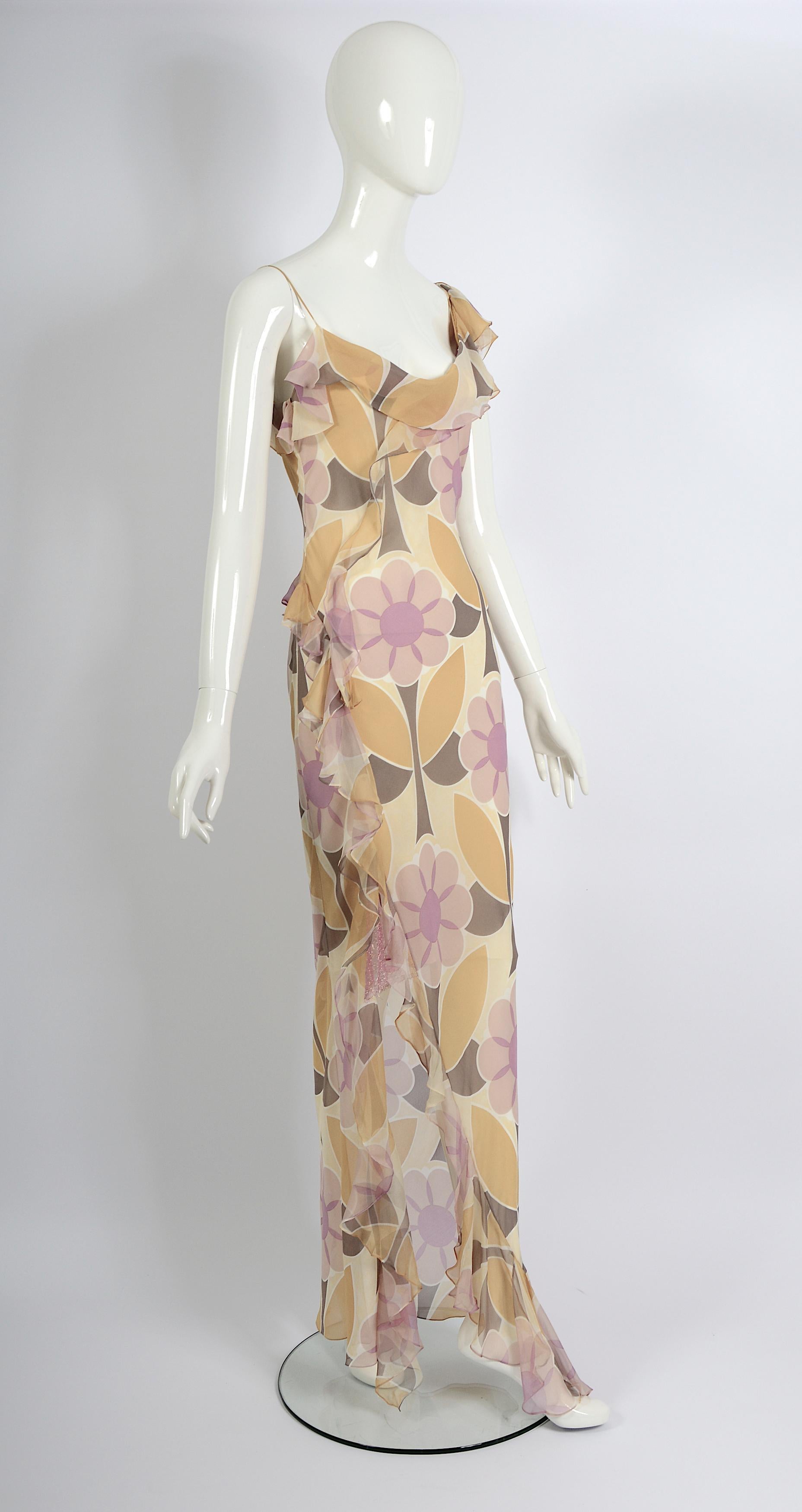 Christian Dior by John Galliano Bias Cut Chiffon Flower Print Dress, ss 2003 In Excellent Condition In Antwerpen, Vlaams Gewest