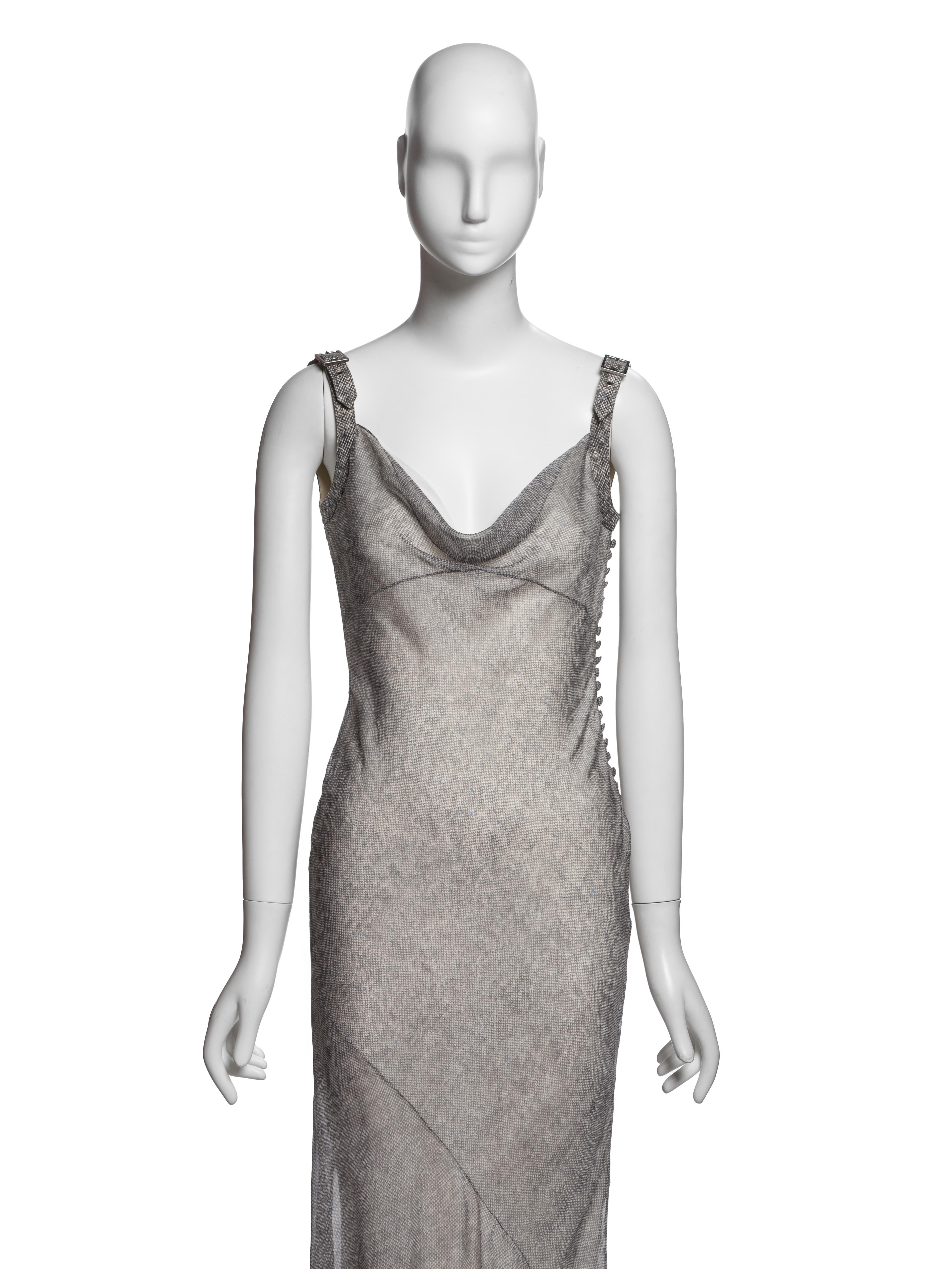 Christian Dior by John Galliano Schräggeschnittenes Seidenkleid mit Trompe-l'œil-Druck, SS 2001 (Grau) im Angebot