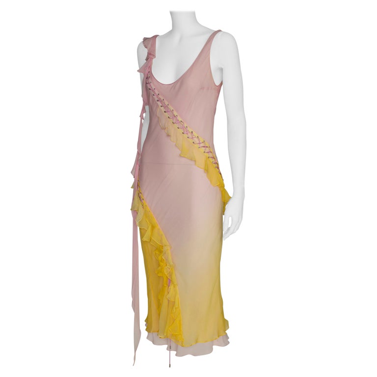 christian dior pink and yellow dress Christian Dior By John Galliano Bias Ruffled Silk Chiffon Ombré Dress,  SS2004 at 1stDibs