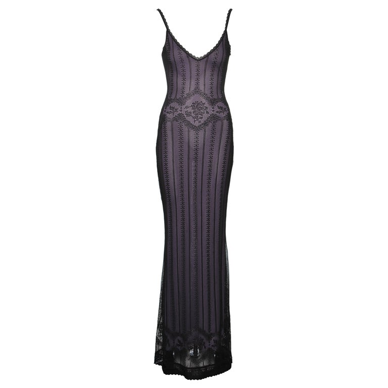 Christian Dior by John Galliano Black and Lavender Knit Lace Maxi Dress, FW 1998 Christian Dior by John Galliano Black and Lavender Knit Lace Maxi Dress, FW 1998