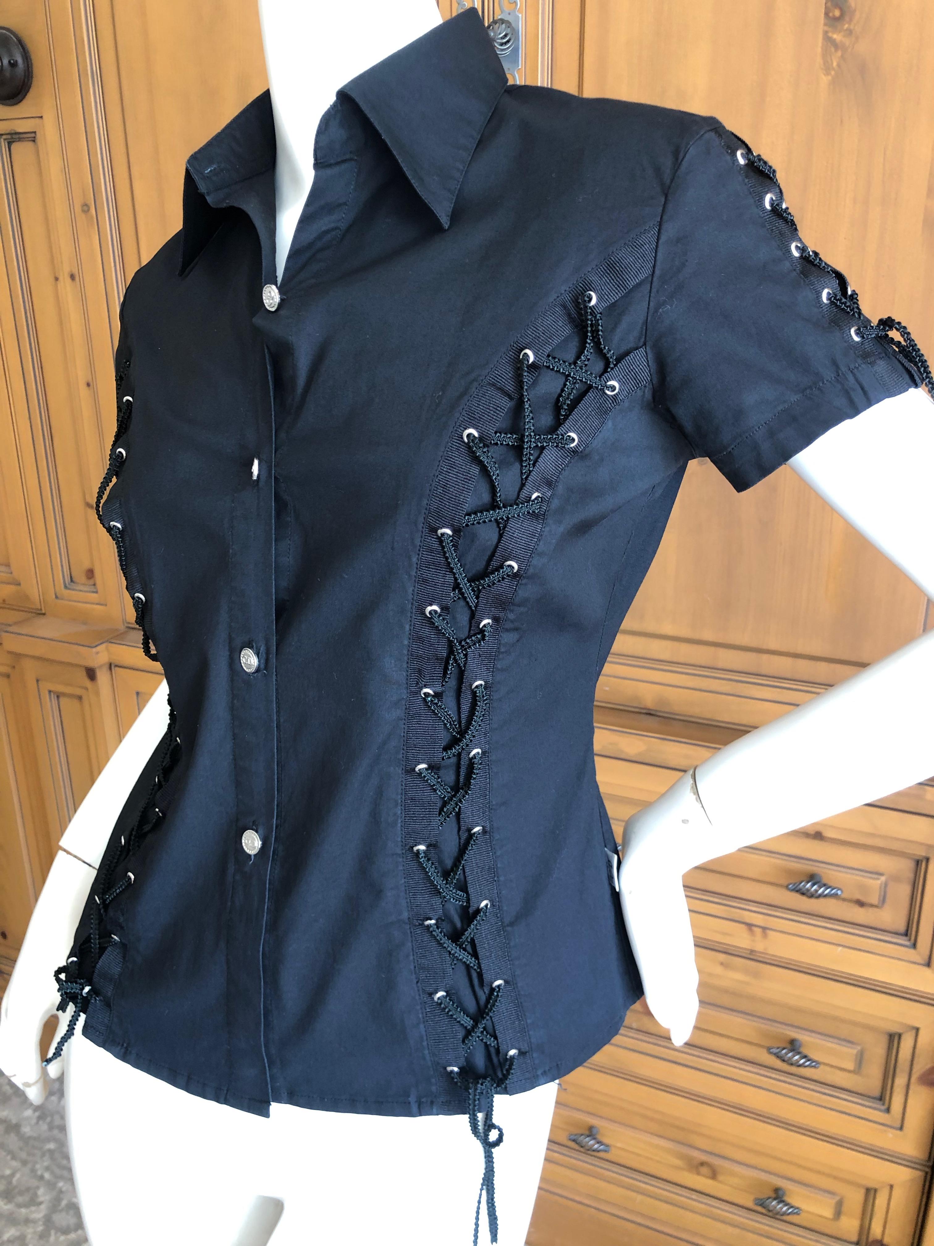 Christian Dior by John Galliano Black Cotton Blouse with Lace Up Details
Size 42

Classic Galliano/Dior
 
 Bust 36