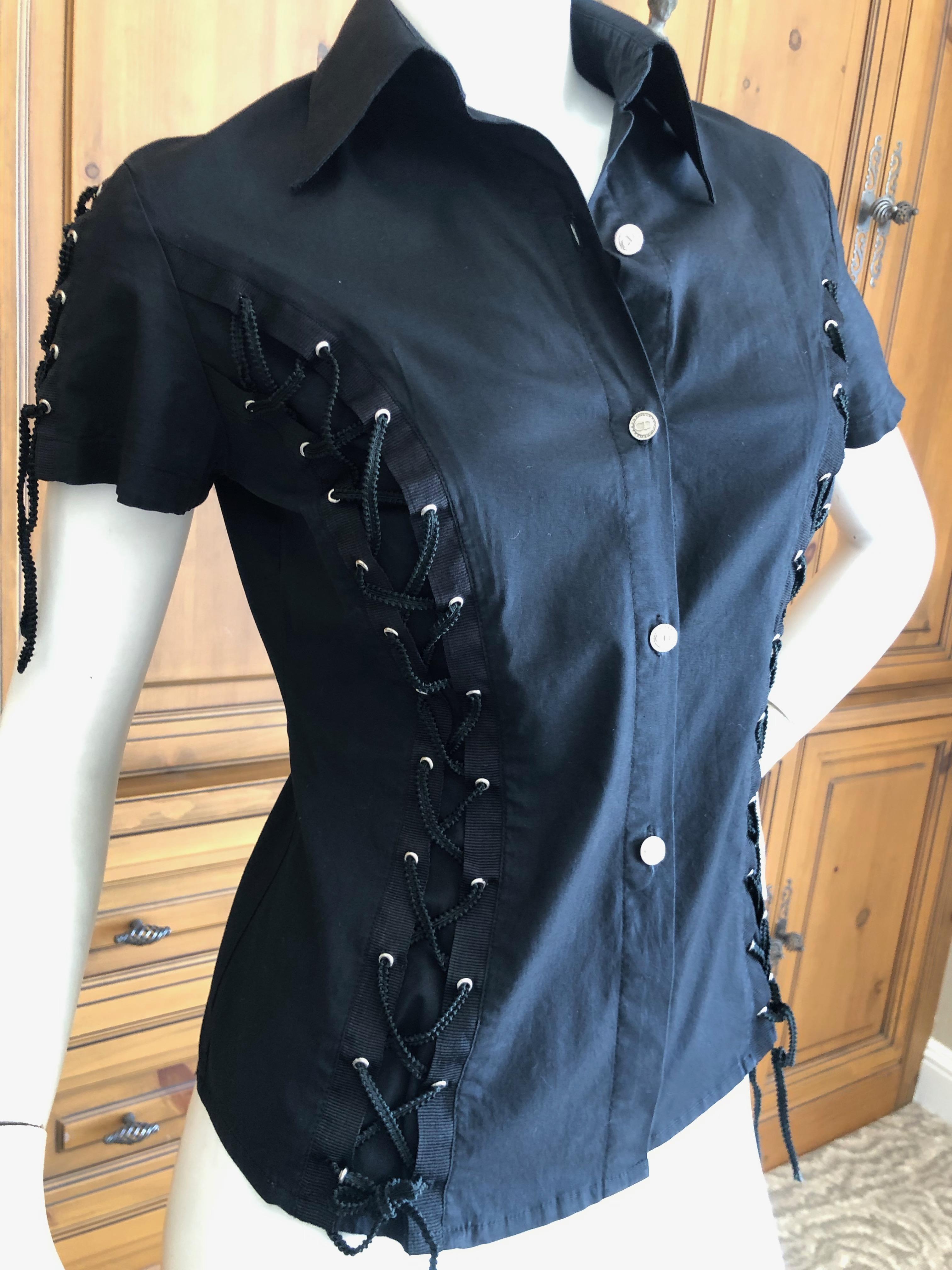 Christian Dior by John Galliano Black Button Up Top with Lace Up Details In New Condition For Sale In Cloverdale, CA