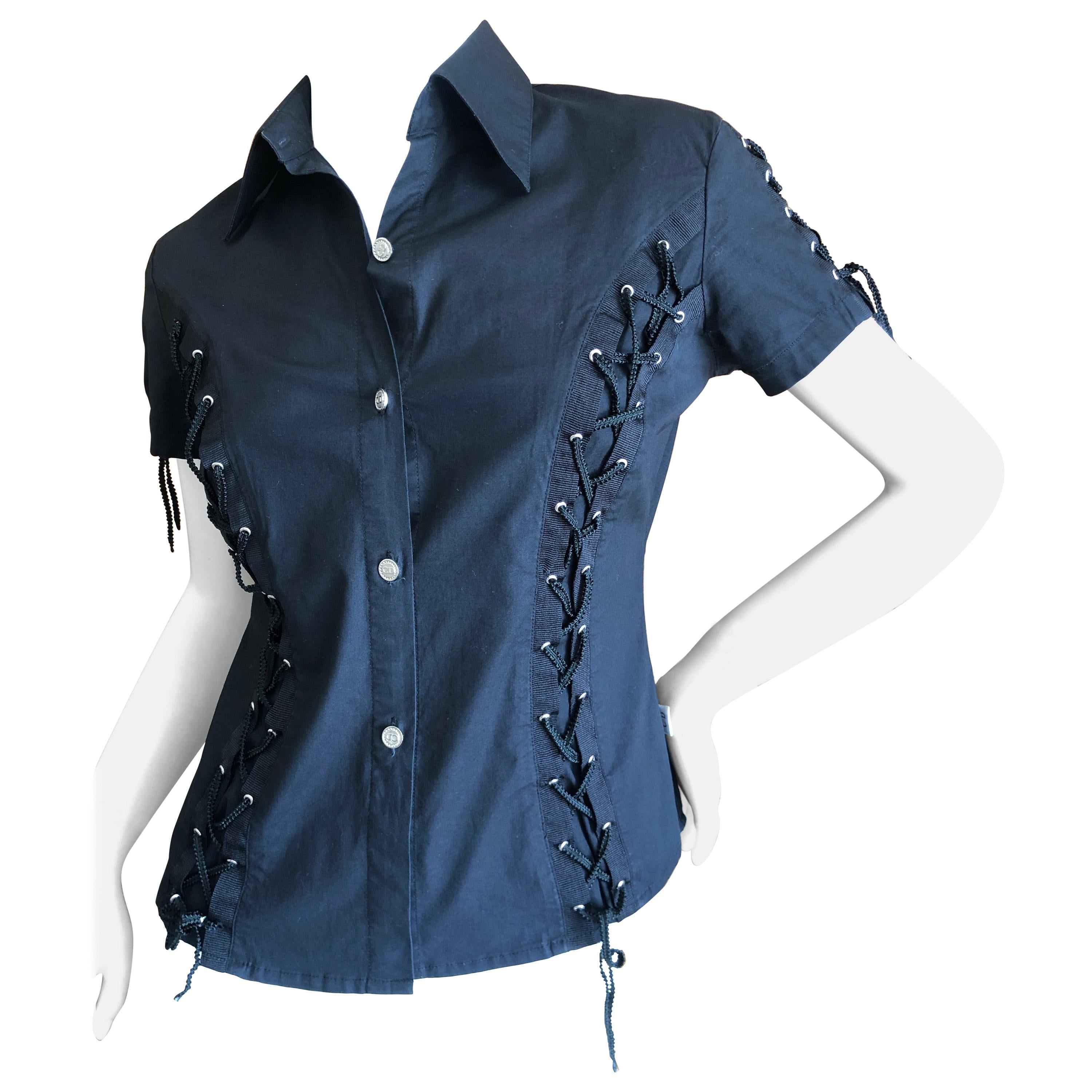Christian Dior by John Galliano Black Button Up Top with Lace Up Details For Sale