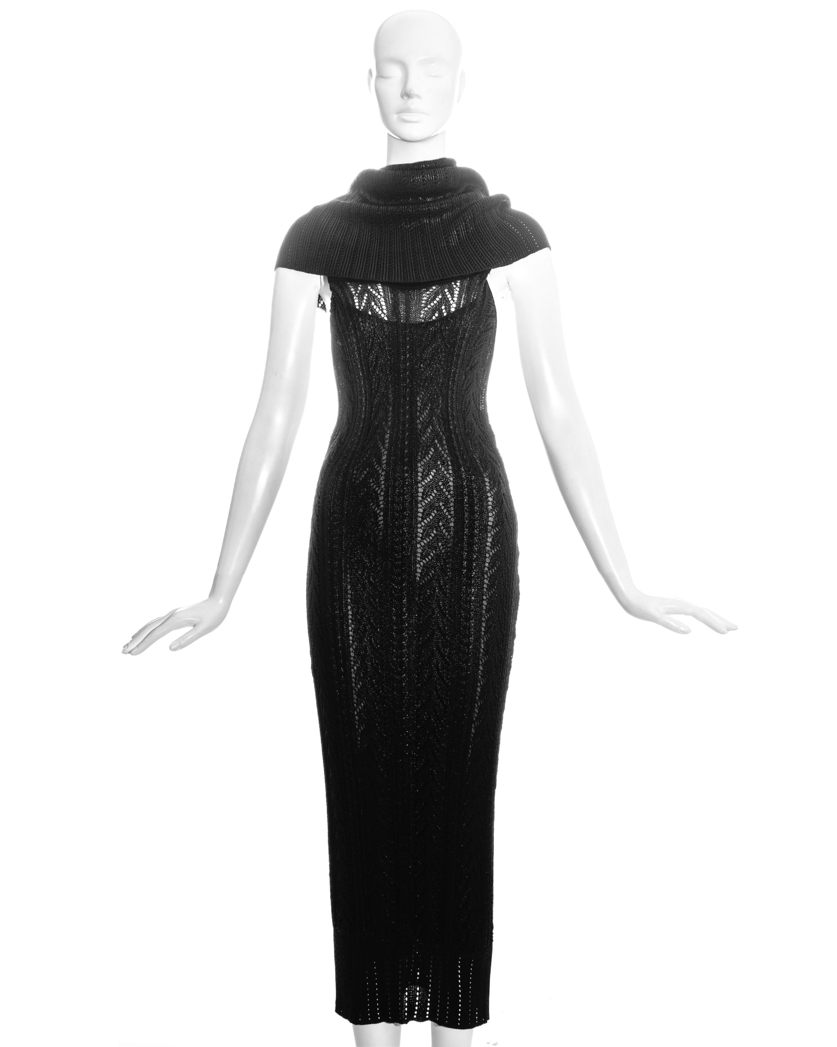 Christian Dior by John Galliano: black crochet-knit evening dress with metallic lurex underlay, low back and large turtleneck collar.

Fall-Winter 1999