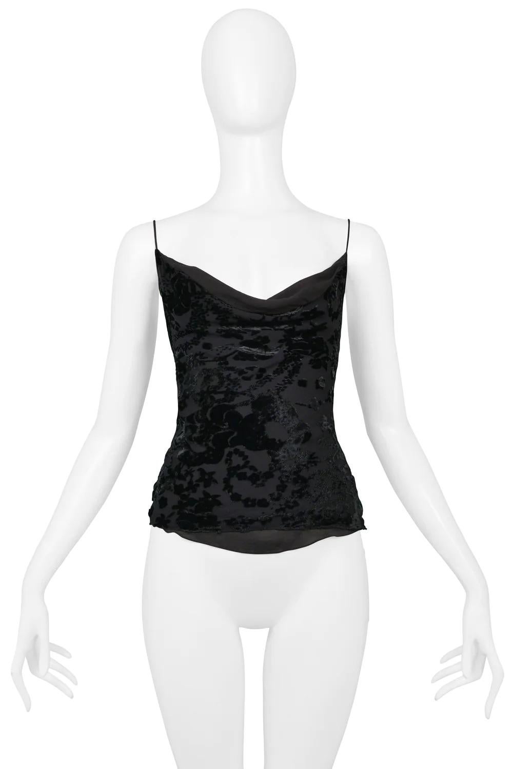 Resurrection is excited to offer a vintage Christian Dior black cut velvet camisole top featuring sheer ruffles, and open back.

Christian Dior Paris
Designed by John Galliano 
Size F 38
Fabric: Shell 66% Viscose, 34% Silk, Lining 100%