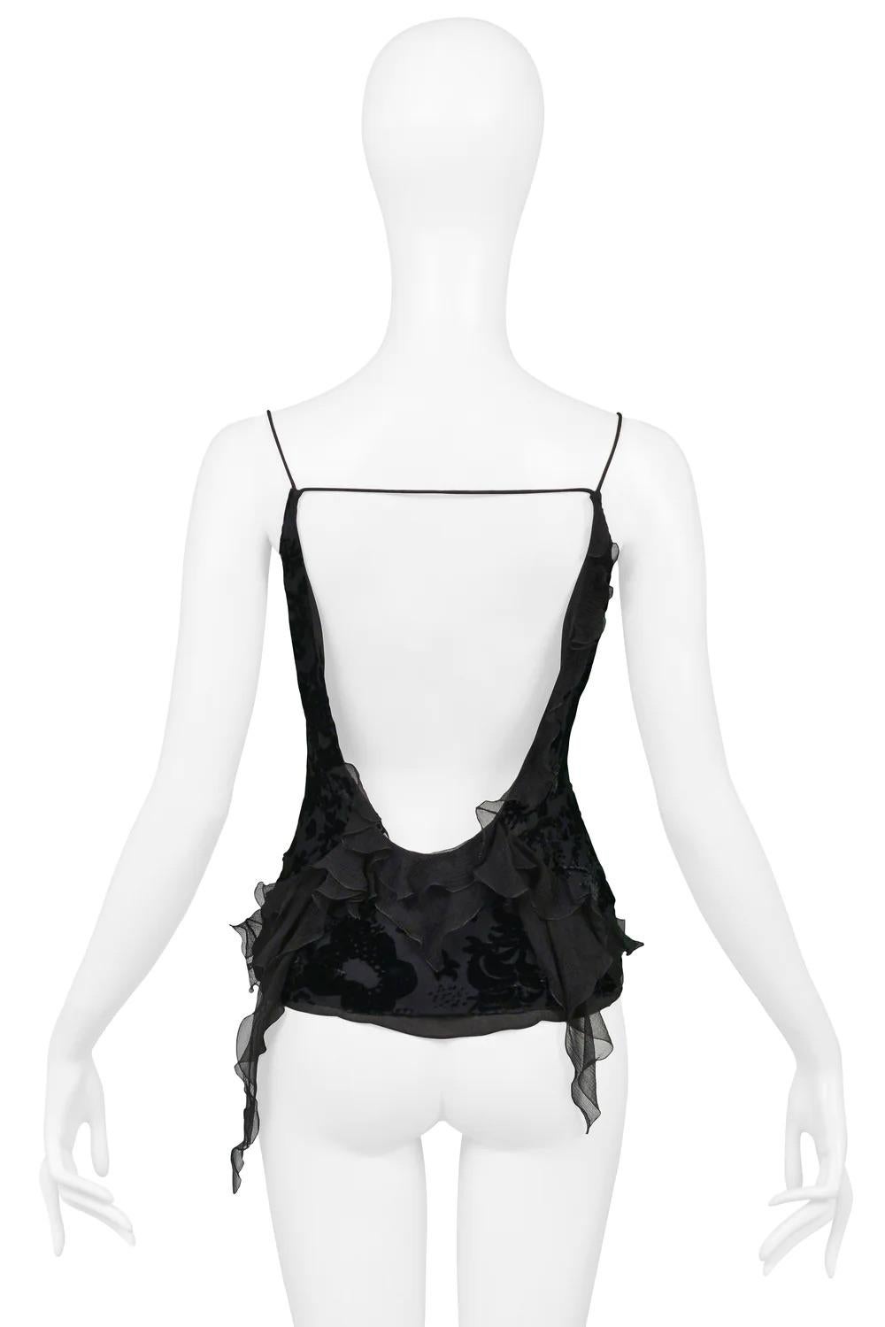 Christian Dior By John Galliano Black Cut Velvet And Chiffon Ruffle Top In Excellent Condition In Los Angeles, CA