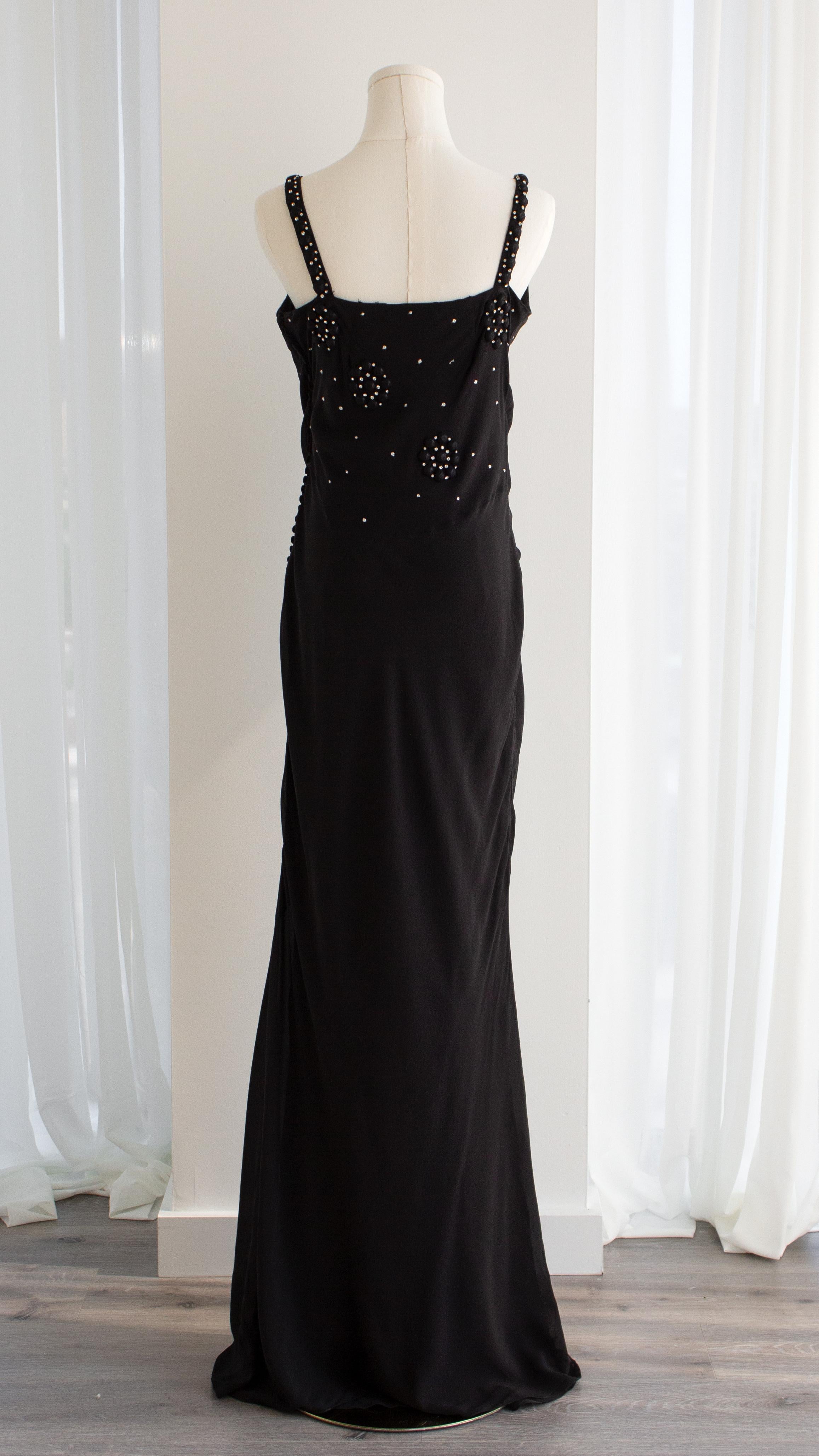 Christian Dior By John Galliano Black Flower Crystal Embellished Maxi Gown Dress For Sale 14