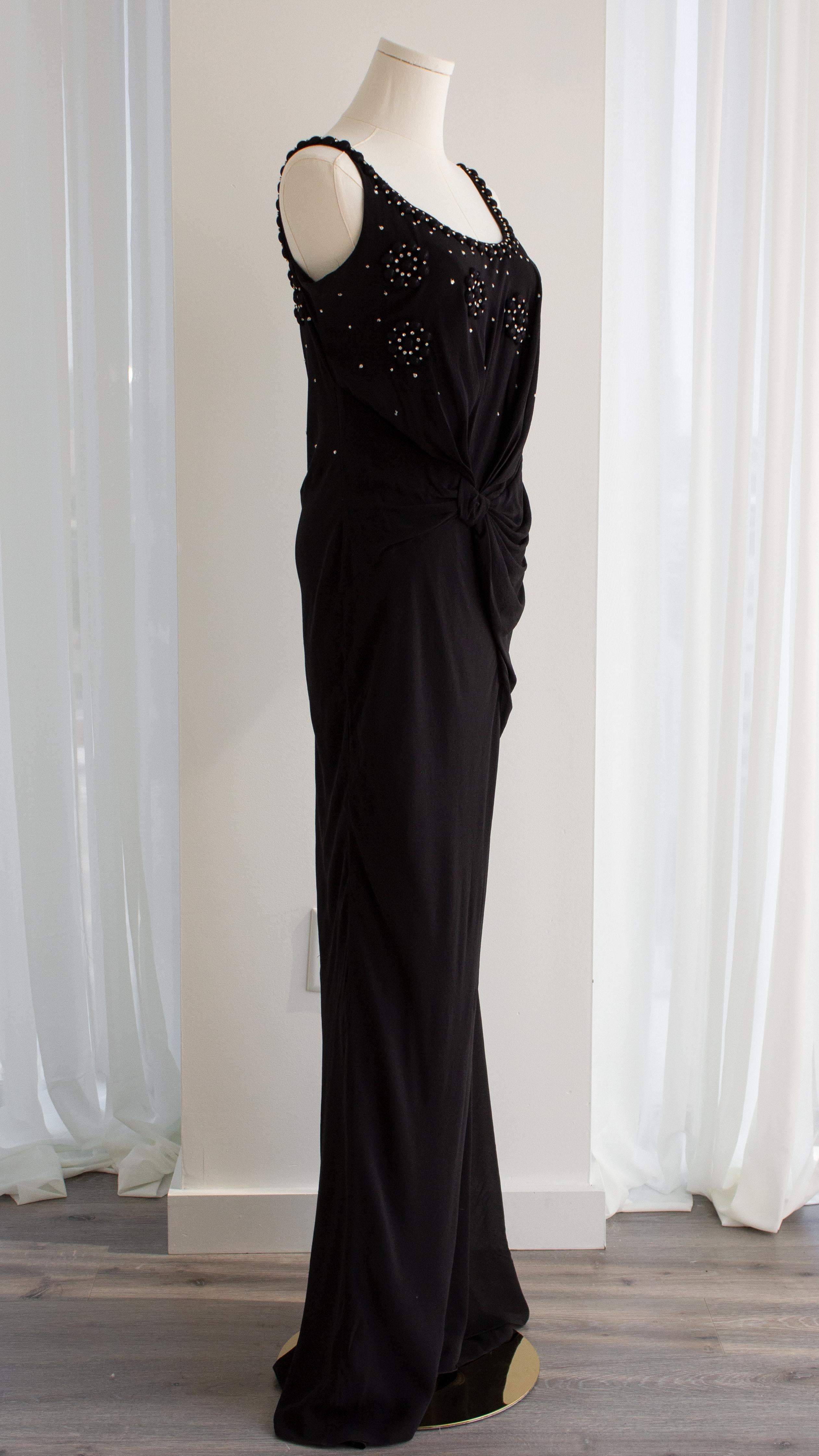Christian Dior By John Galliano Black Flower Crystal Embellished Maxi Gown Dress For Sale 2