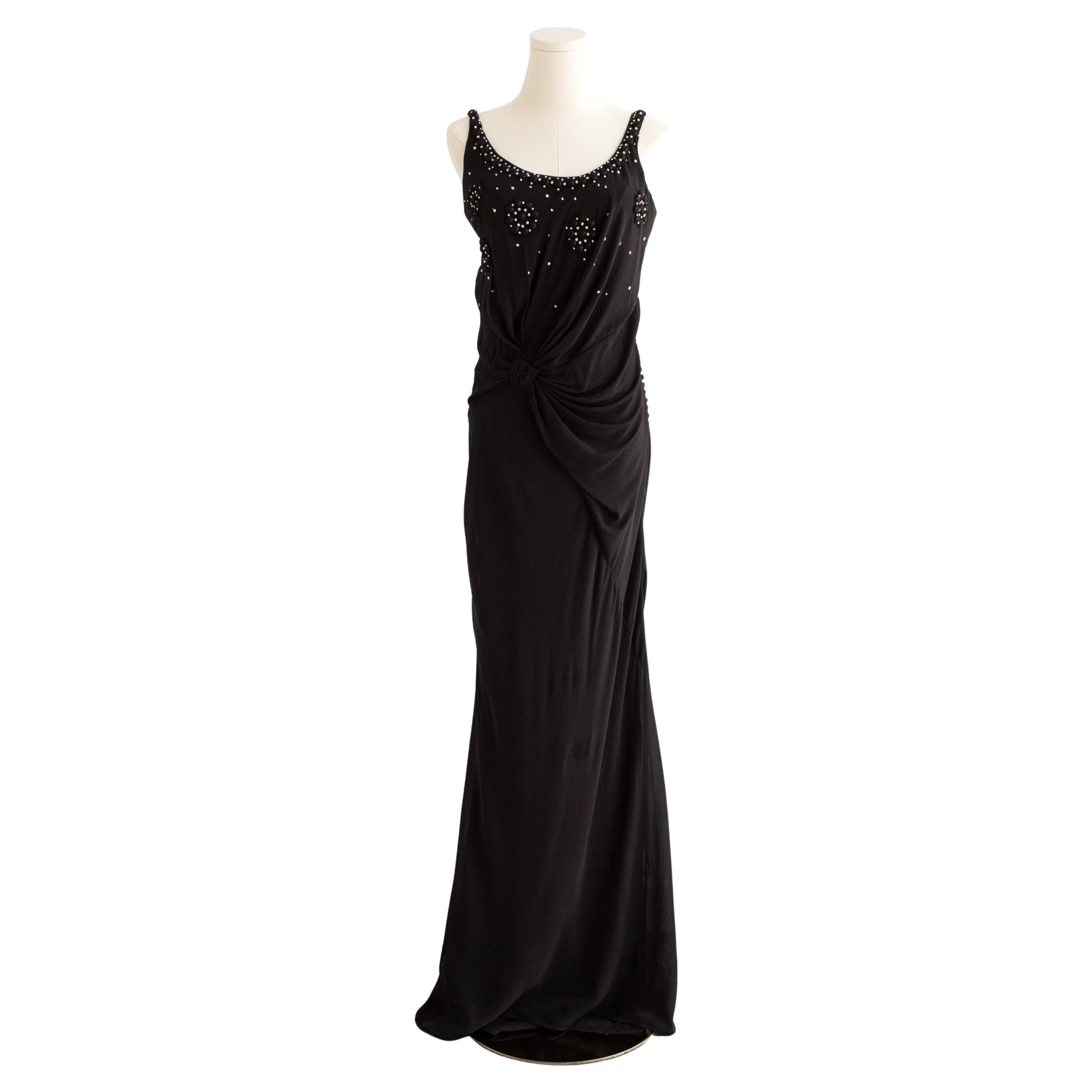 Christian Dior By John Galliano Black Flower Crystal Embellished Maxi Gown Dress For Sale