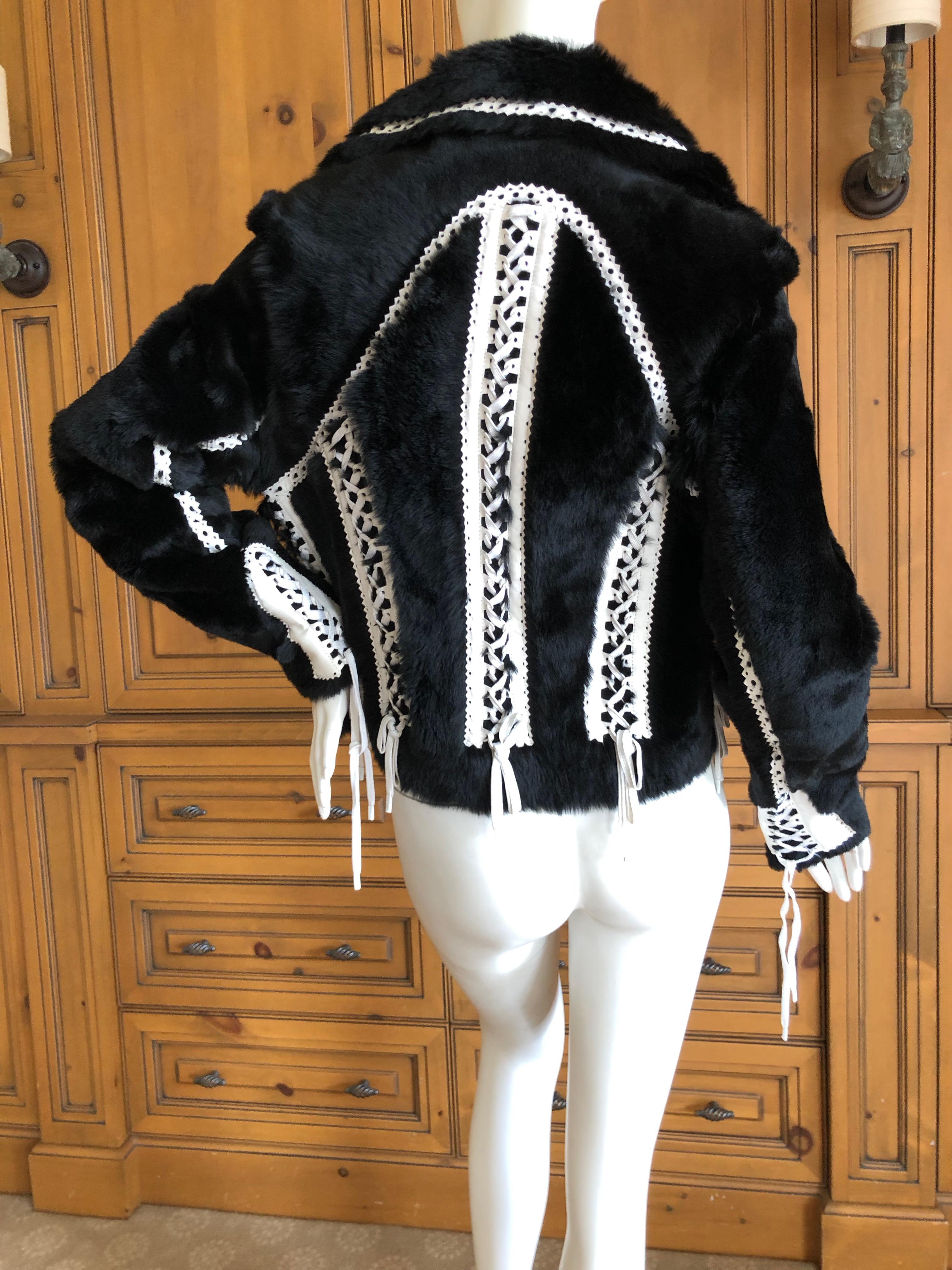Christian Dior by John Galliano Black Fur Moto Jacket White Leather Lace Up Trim For Sale 4