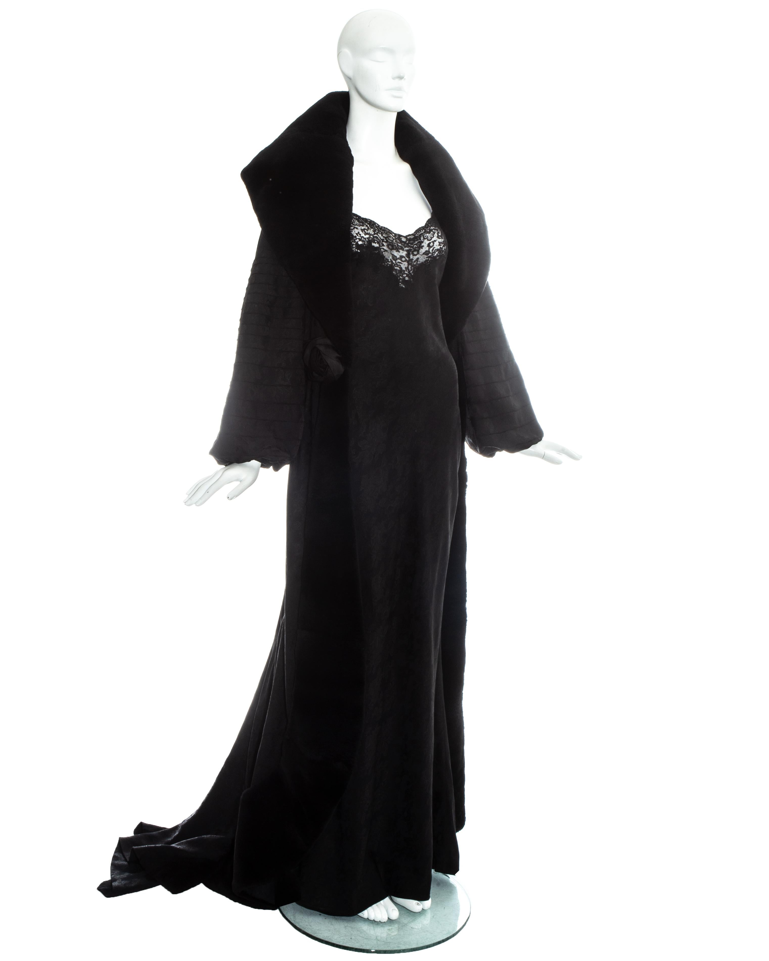 Christian Dior by John Galliano; Bias cut silk brocade evening maxi dress with spaghetti straps and lace trim around bust. 1930s style evening robe in matching silk brocade with large sheared beaver fur collar and trim.   

- long pointed train 
-