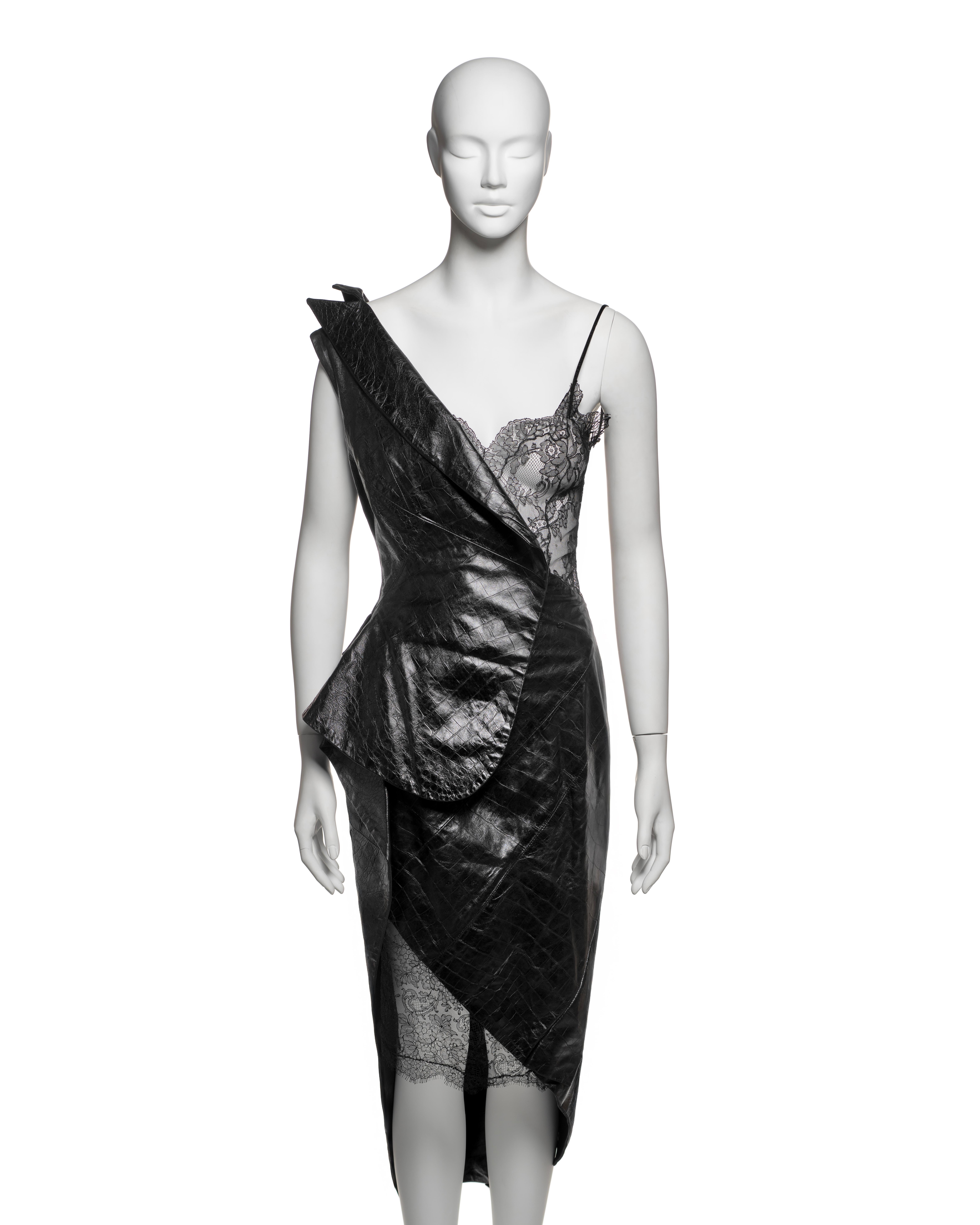 Christian Dior by John Galliano Vestido de noche de cuero negro y encaje, FW 2000 Negro