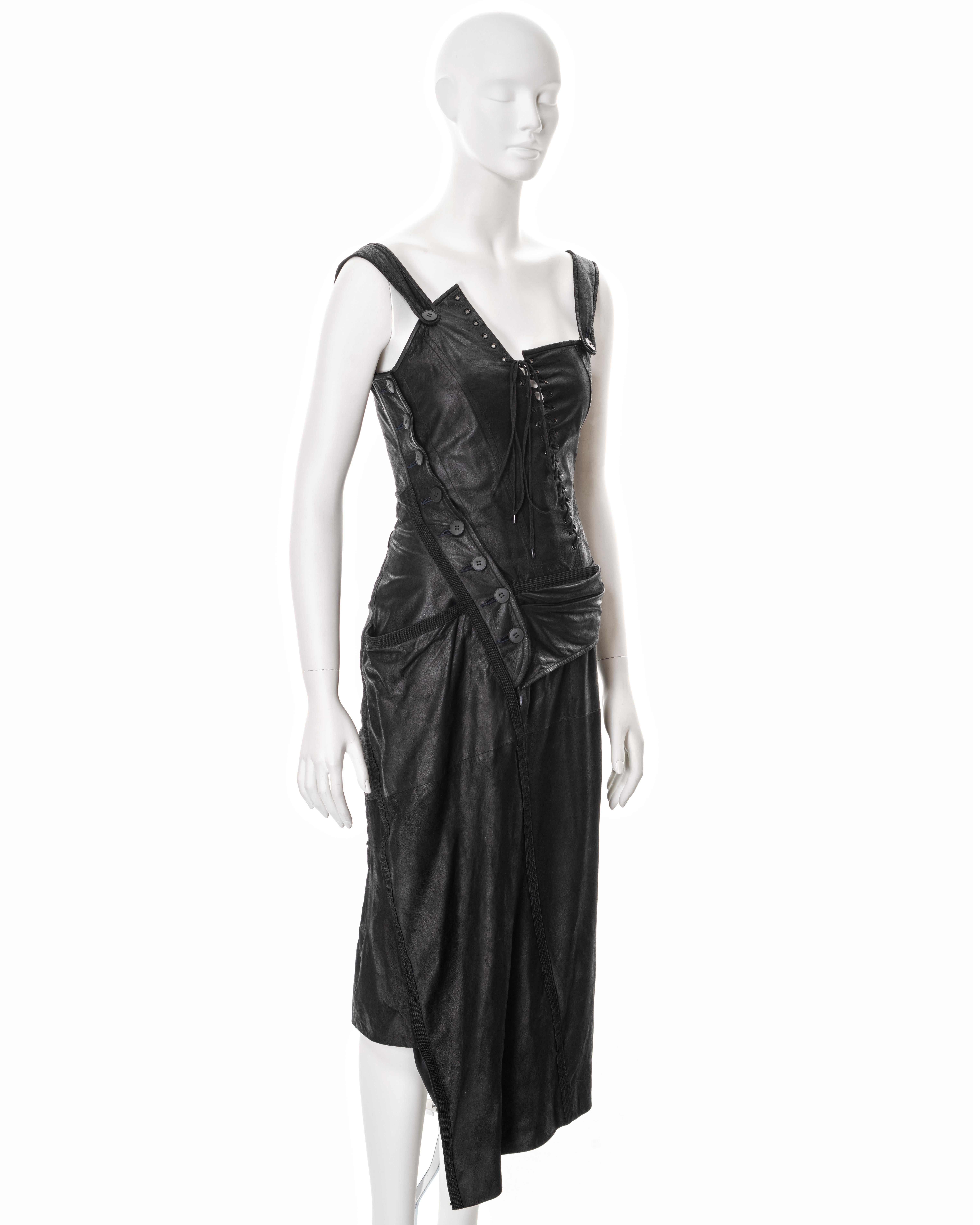 Women's Christian Dior by John Galliano black leather deconstructed dress, ss 2000