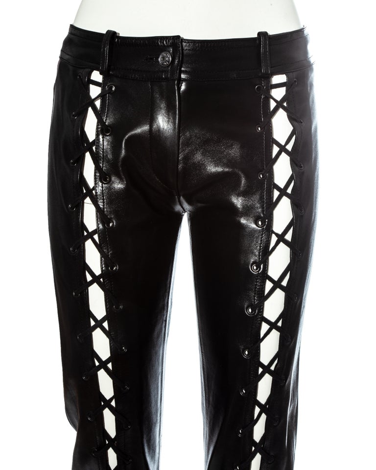 Vintage: Christian Dior Black Leather Lace Up Wide Bottom Pants