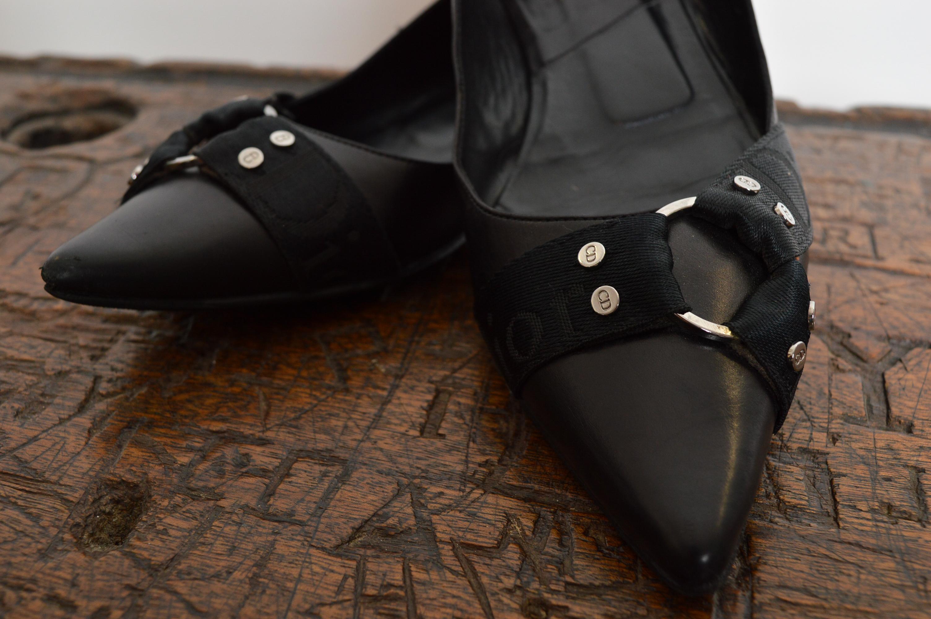 Christian Dior by John Galliano Black Leather Pointed ballet flat Buckle Pumps in vendita 6