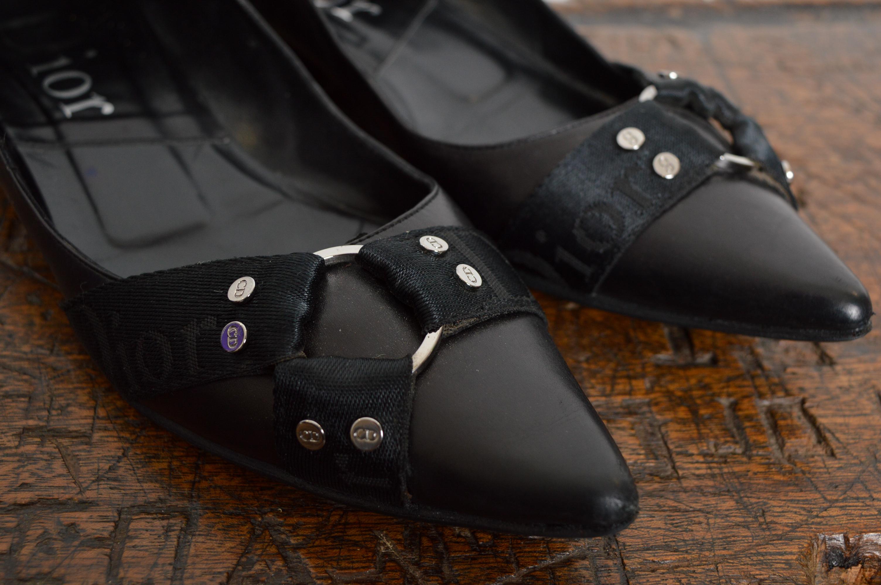 Nero Christian Dior by John Galliano Black Leather Pointed ballet flat Buckle Pumps in vendita