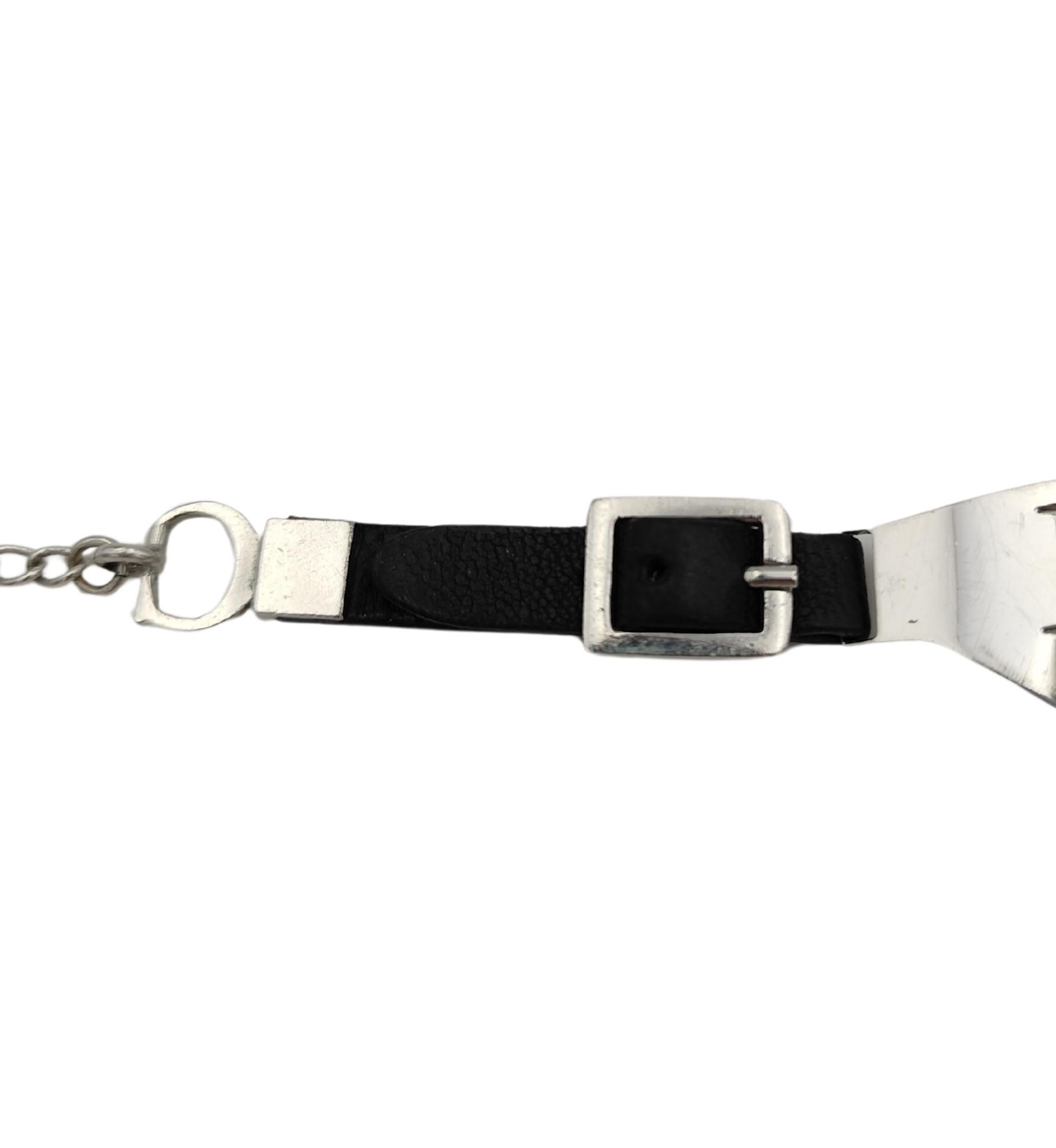 Christian Dior by John Galliano black leather silver logo bracelet For Sale 5